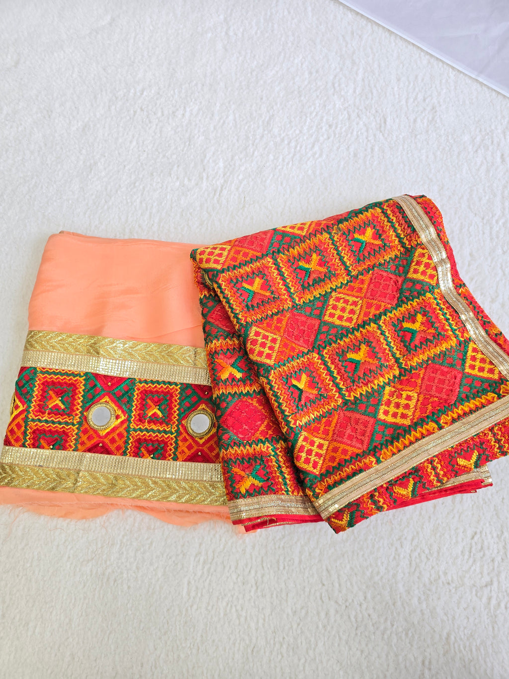 Unstitched Peach Phulkari Punjabi Suit