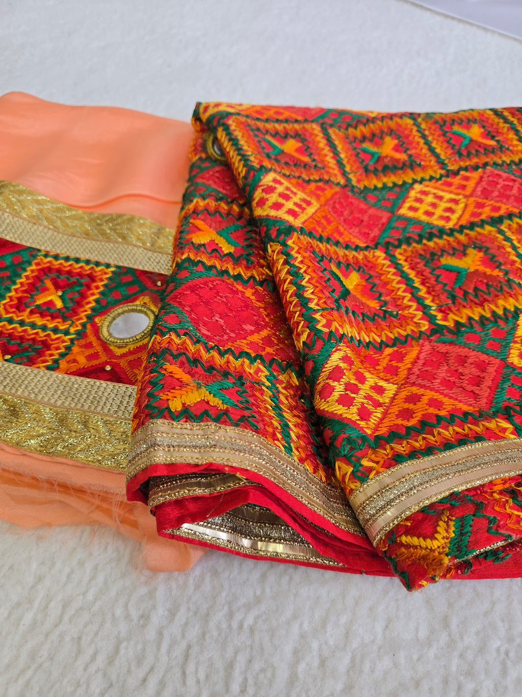 Unstitched Peach Phulkari Punjabi Suit