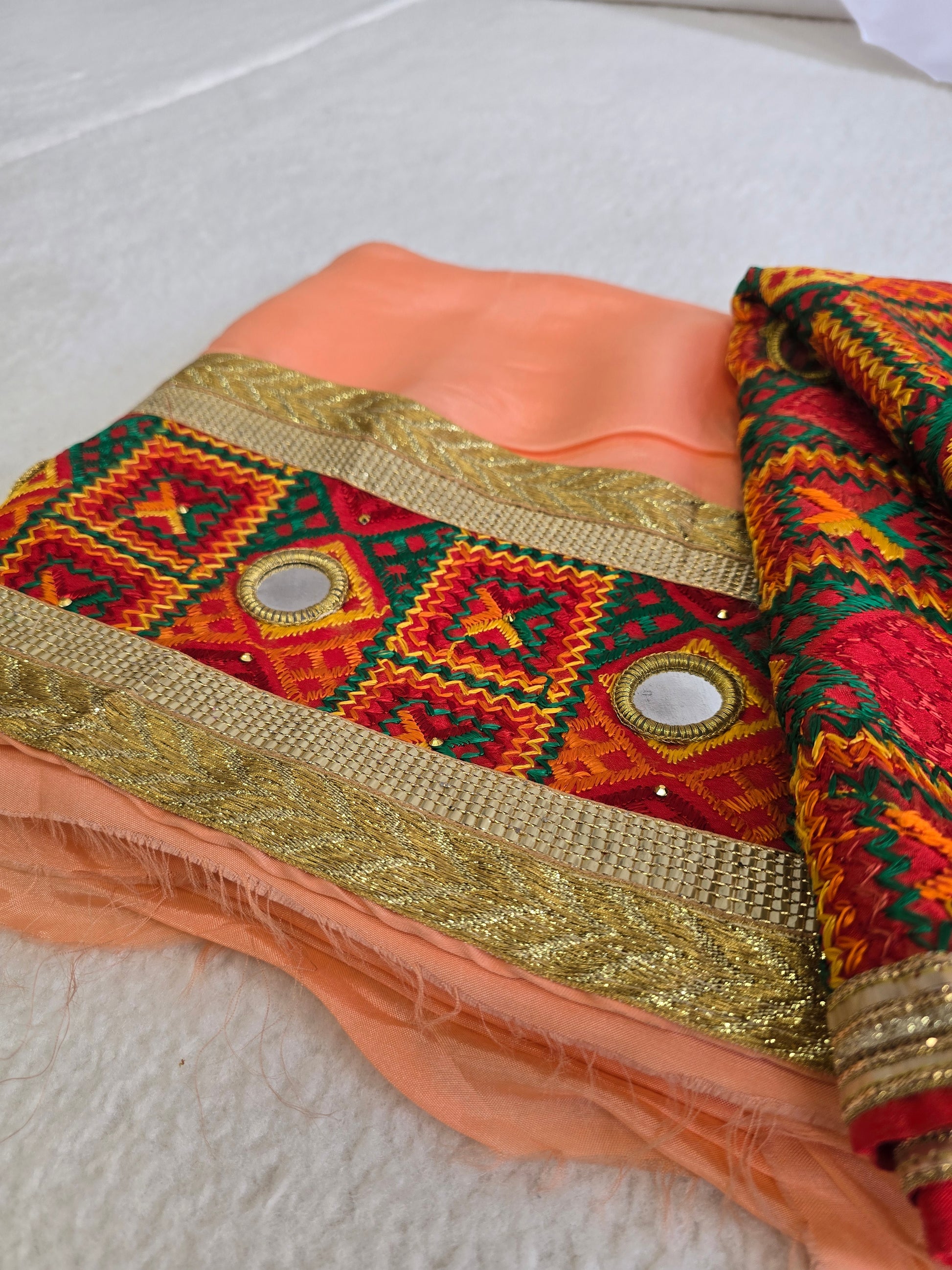 Unstitched Peach Phulkari Punjabi Suit