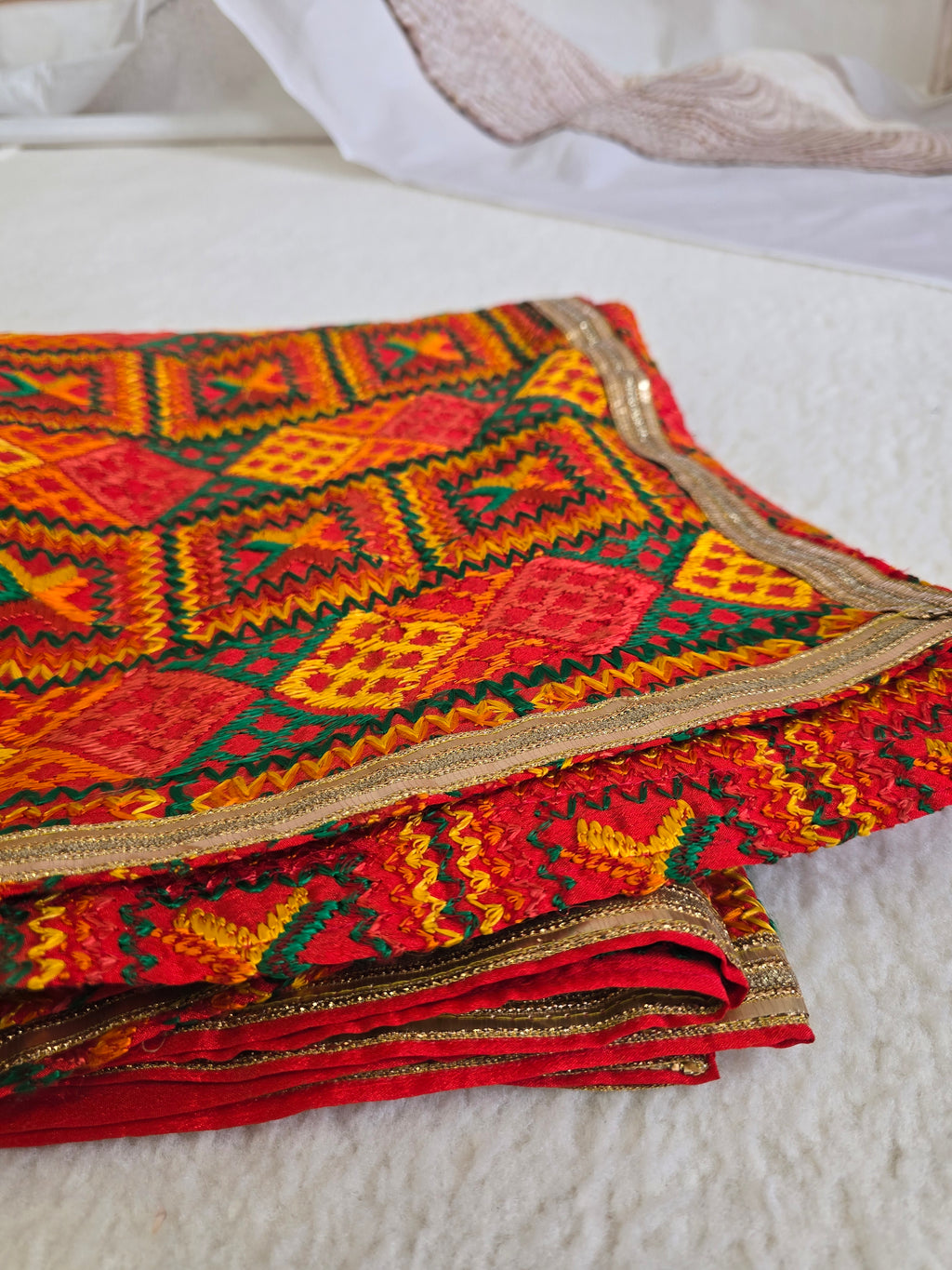 Unstitched Peach Phulkari Punjabi Suit