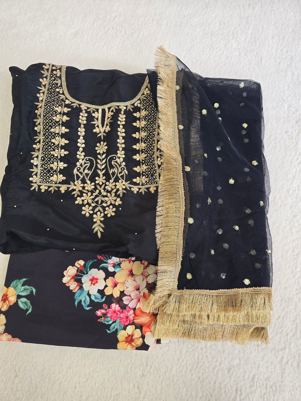 Unstitched Black Floral Embroidered Suit