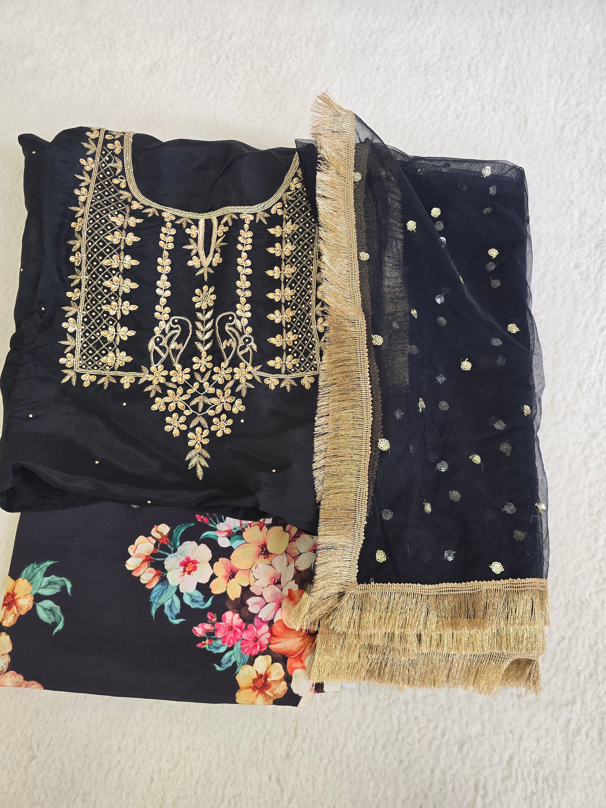 Unstitched Black Floral Embroidered Suit