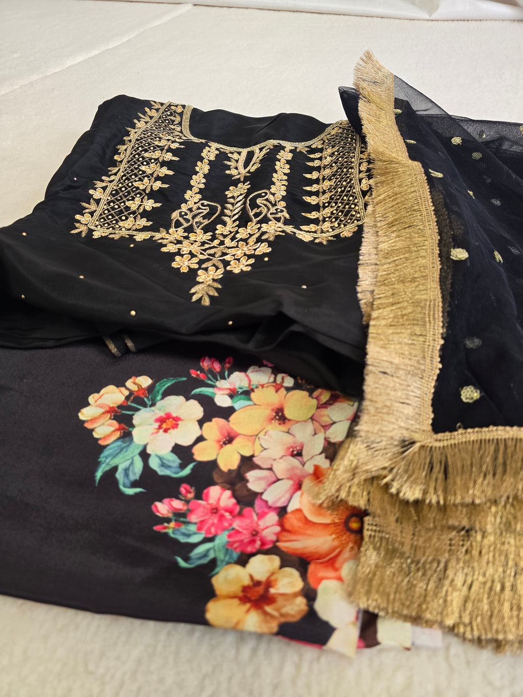 Unstitched Black Floral Embroidered Suit
