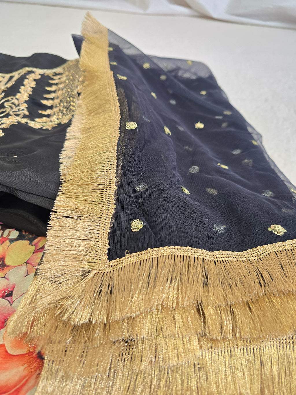 Unstitched Black Floral Embroidered Suit