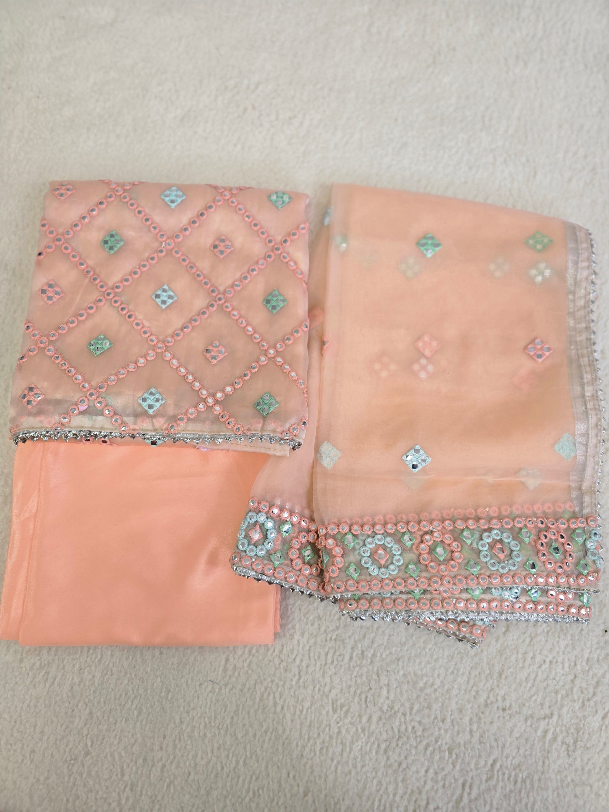 Unstitched Peach Pastel Organza Embroidered Suit