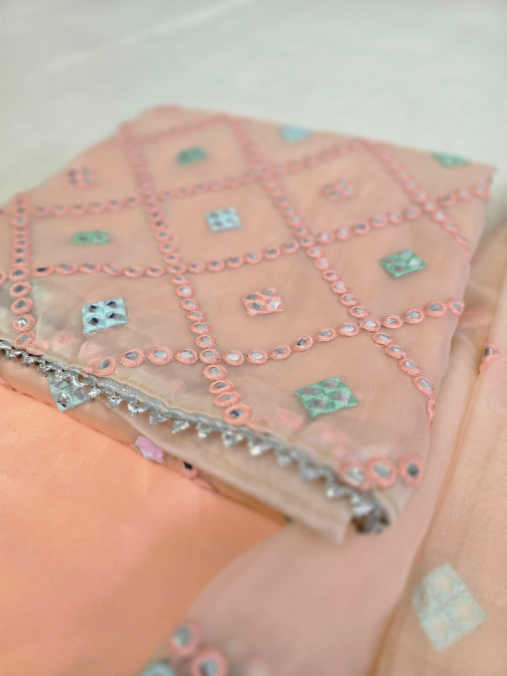 Unstitched Peach Pastel Organza Embroidered Suit