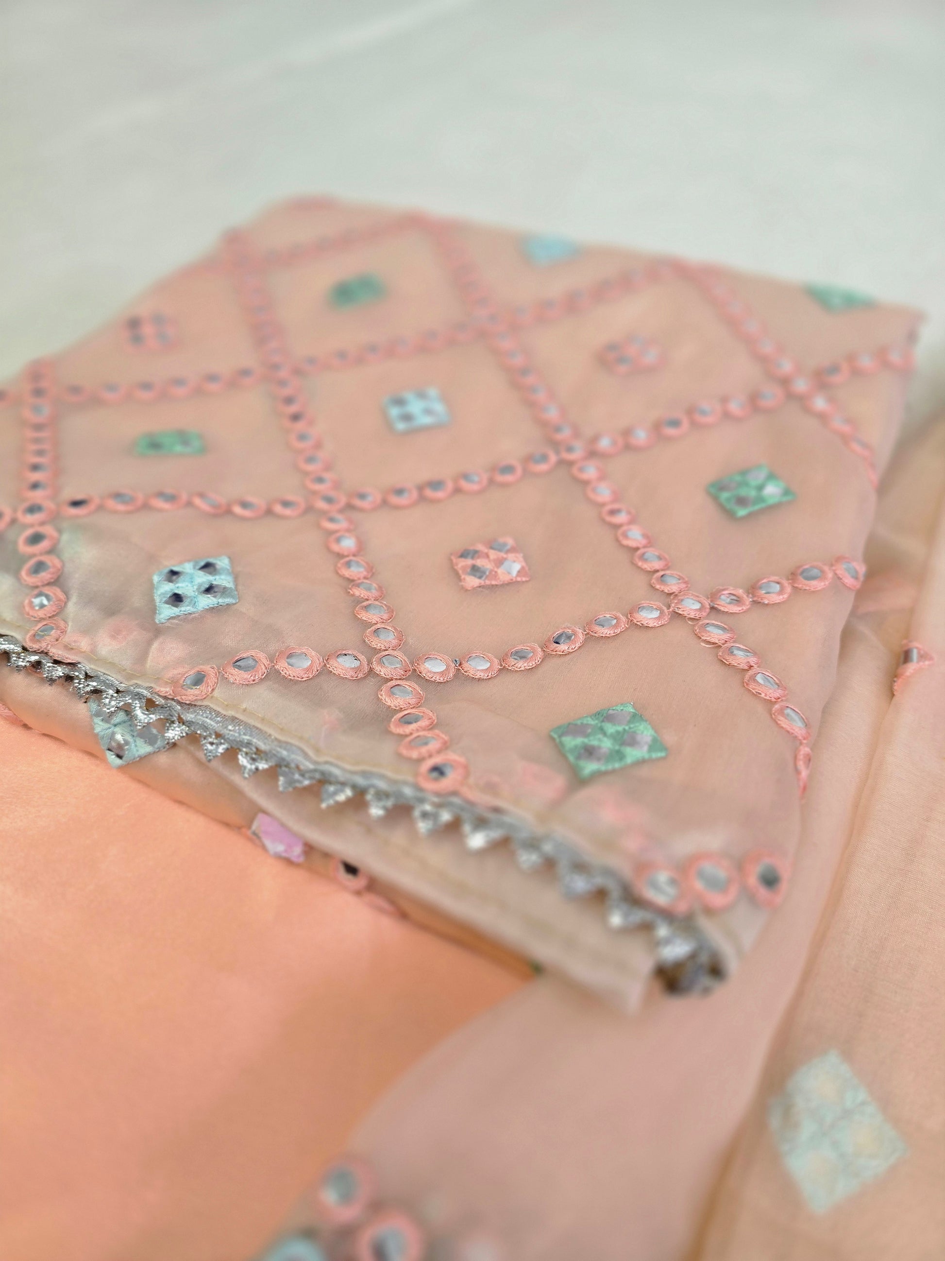 Unstitched Peach Pastel Organza Embroidered Suit