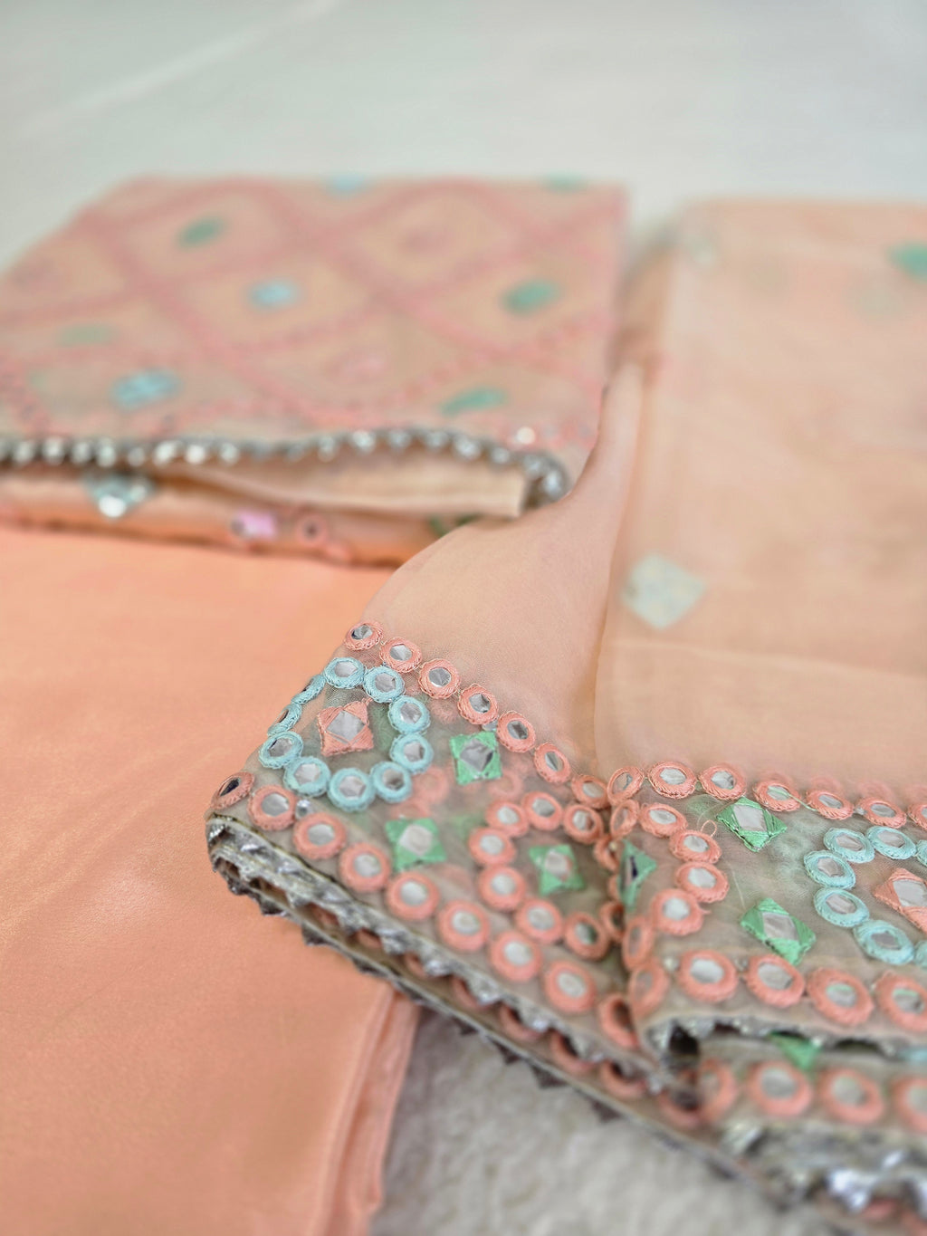 Unstitched Peach Pastel Organza Embroidered Suit