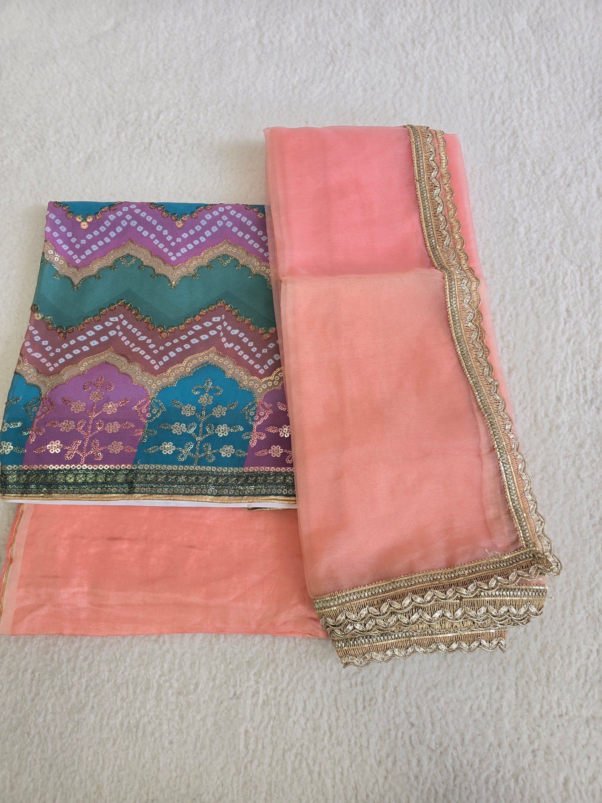 Unstitched Peach Multicolour Tie Dye Embroidered Suit