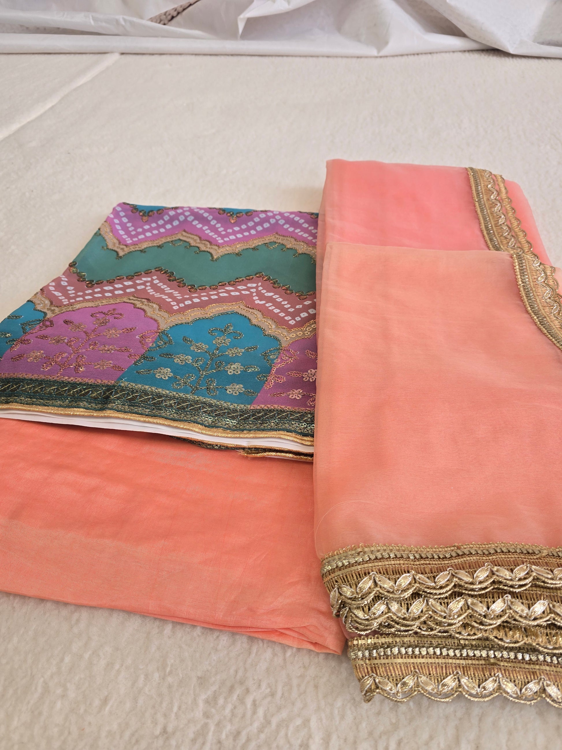 Unstitched Peach Multicolour Tie Dye Embroidered Suit