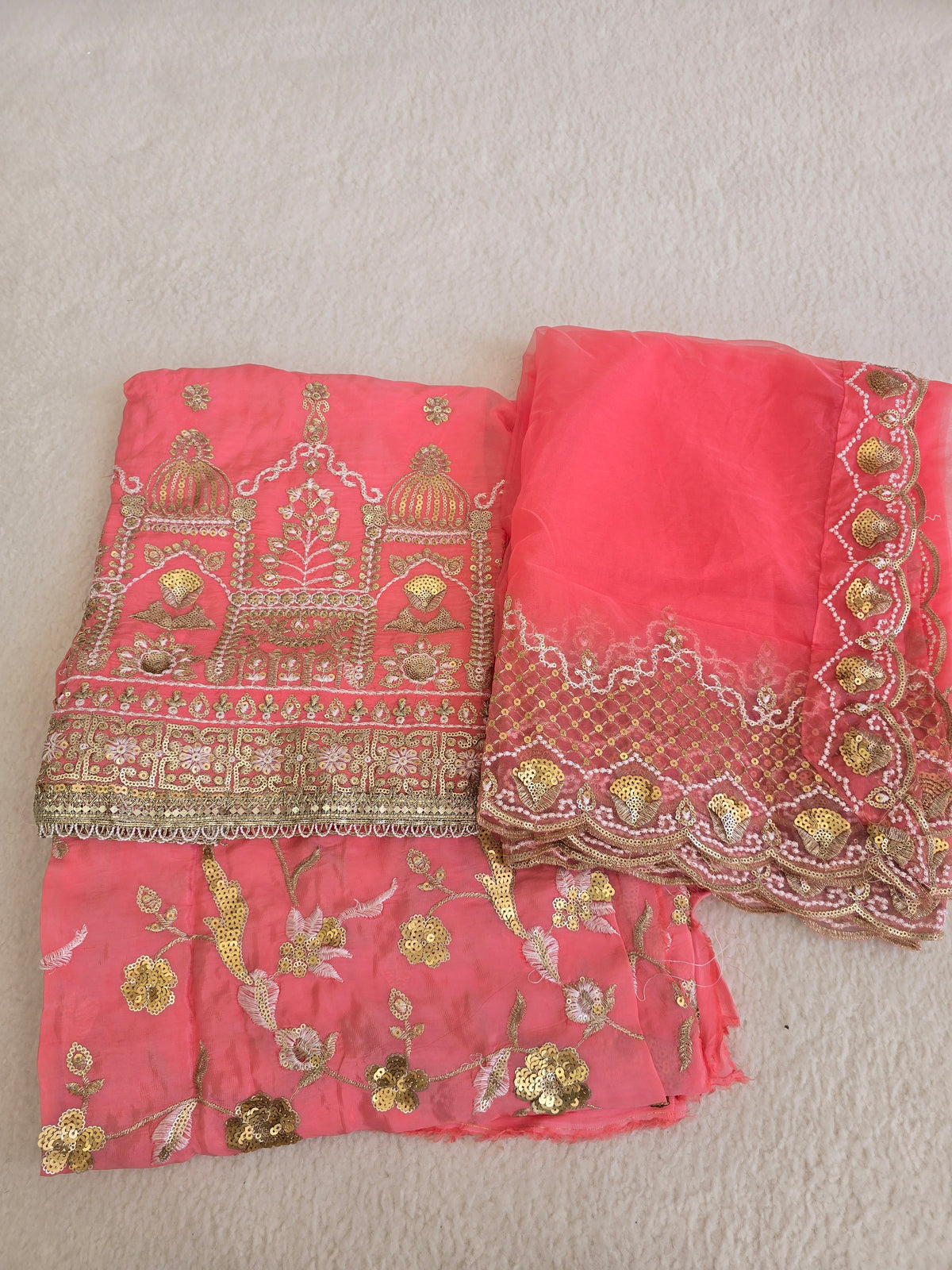 Unstitched Peach Embroidered Sharara/Salwar Suit