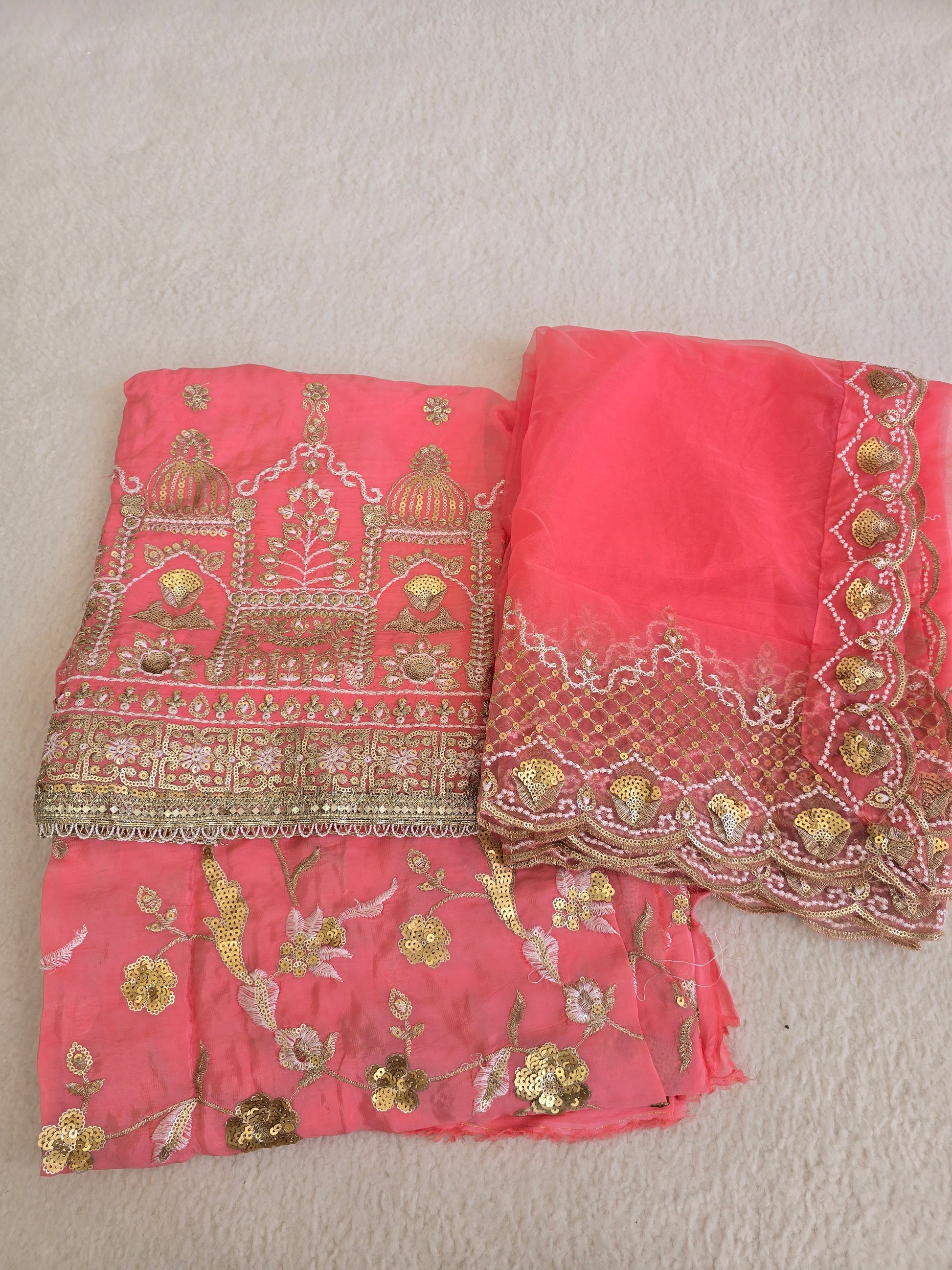 Unstitched Peach Embroidered Sharara/Salwar Suit