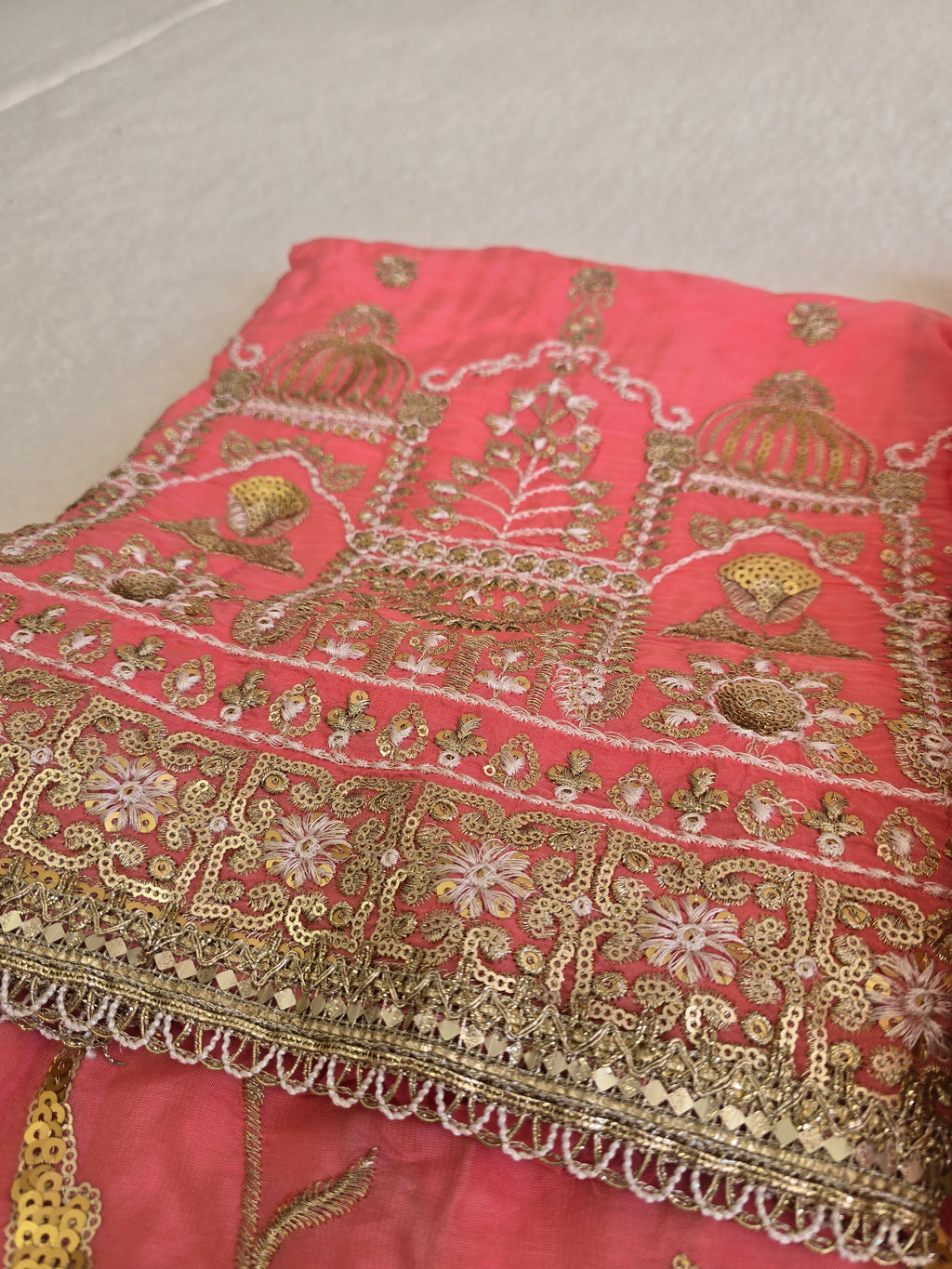 Unstitched Peach Embroidered Sharara/Salwar Suit