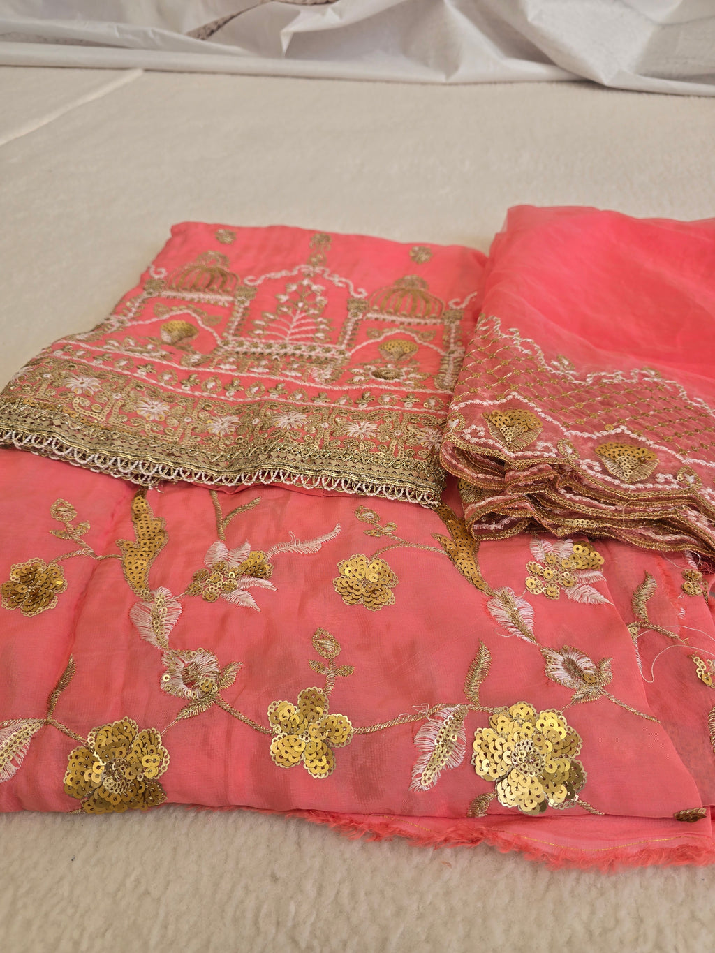 Unstitched Peach Embroidered Sharara/Salwar Suit