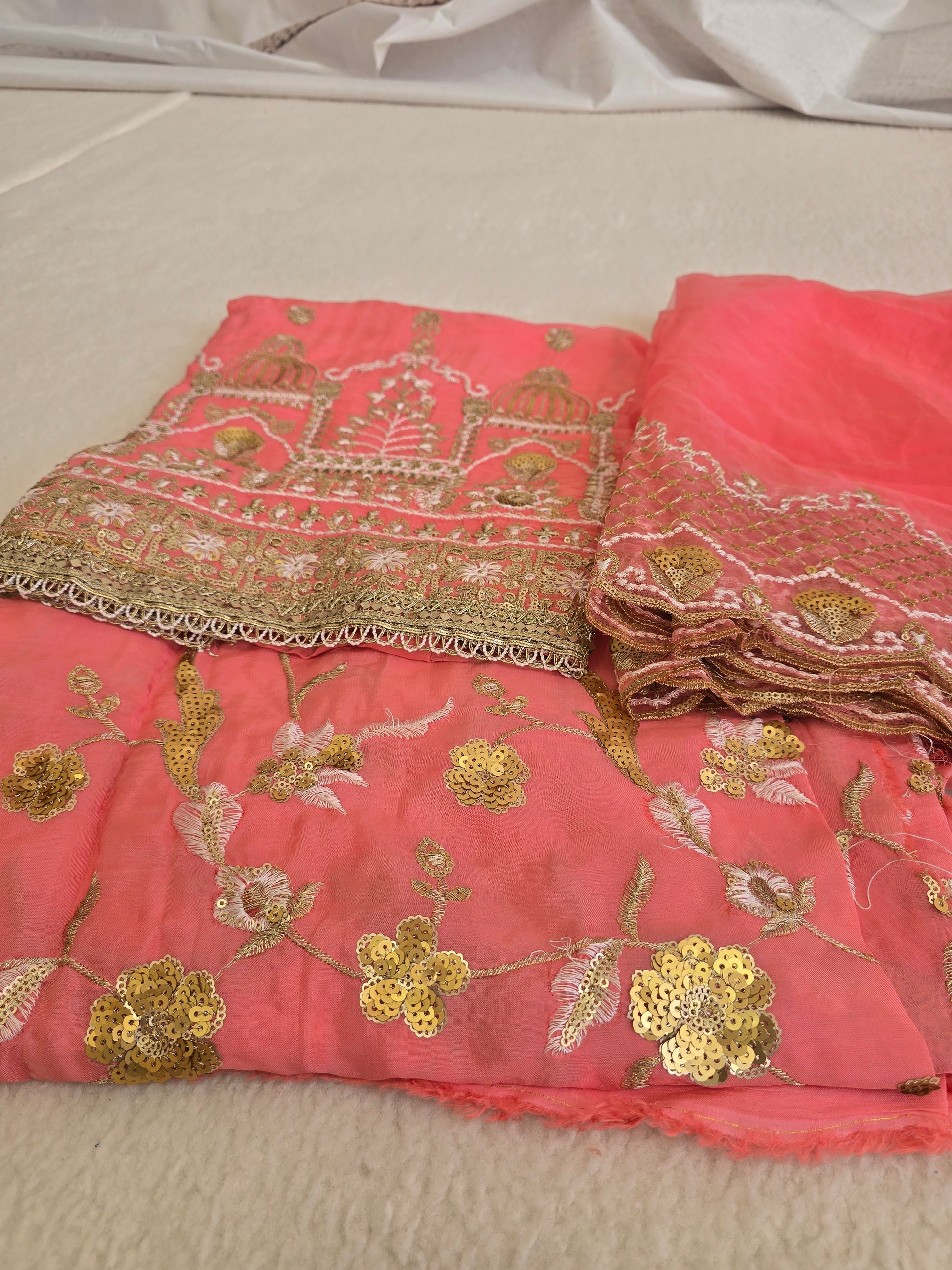 Unstitched Peach Embroidered Sharara/Salwar Suit