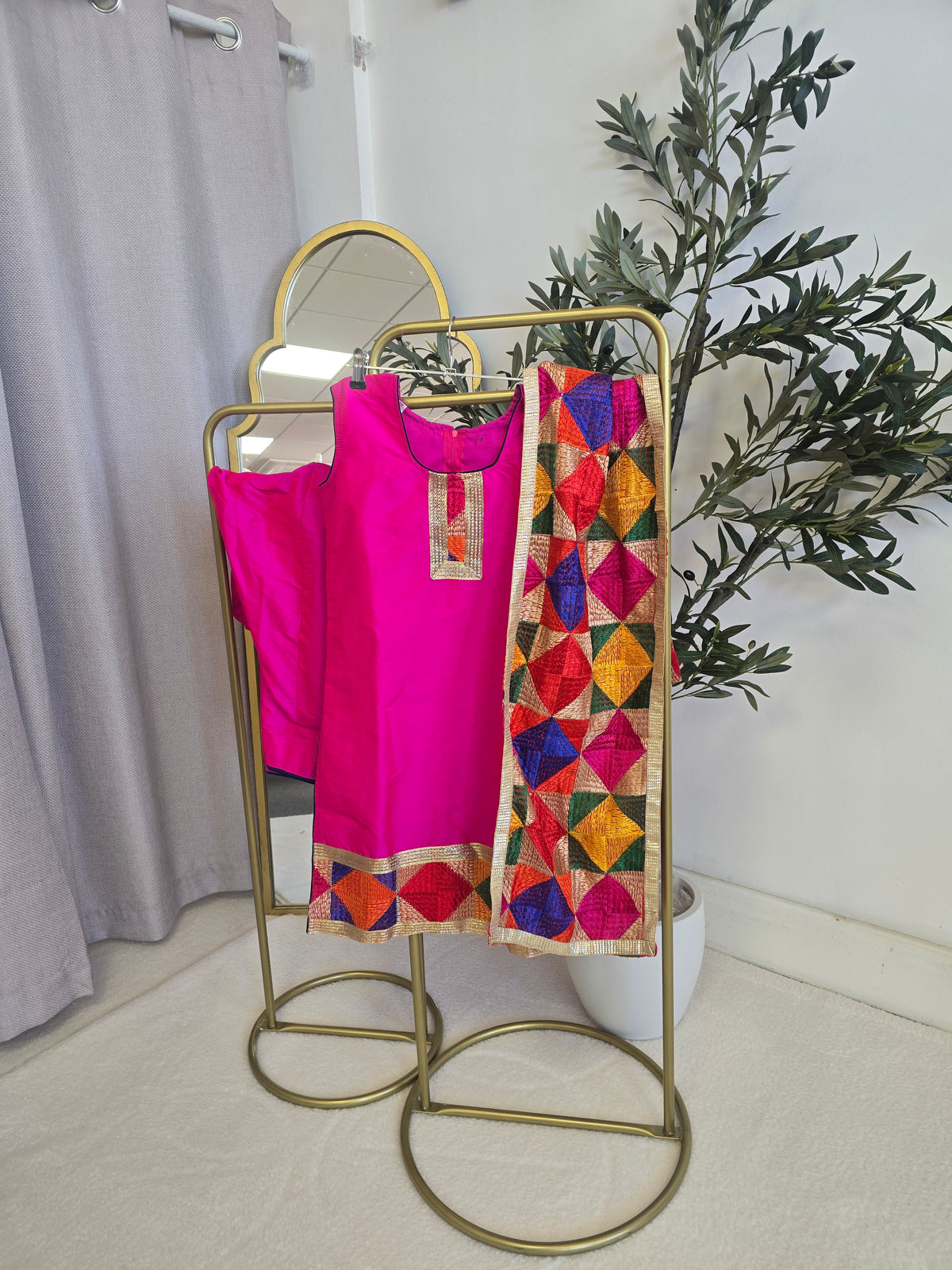 Kids Hot Pink Phulkari Silk Salwar Suit