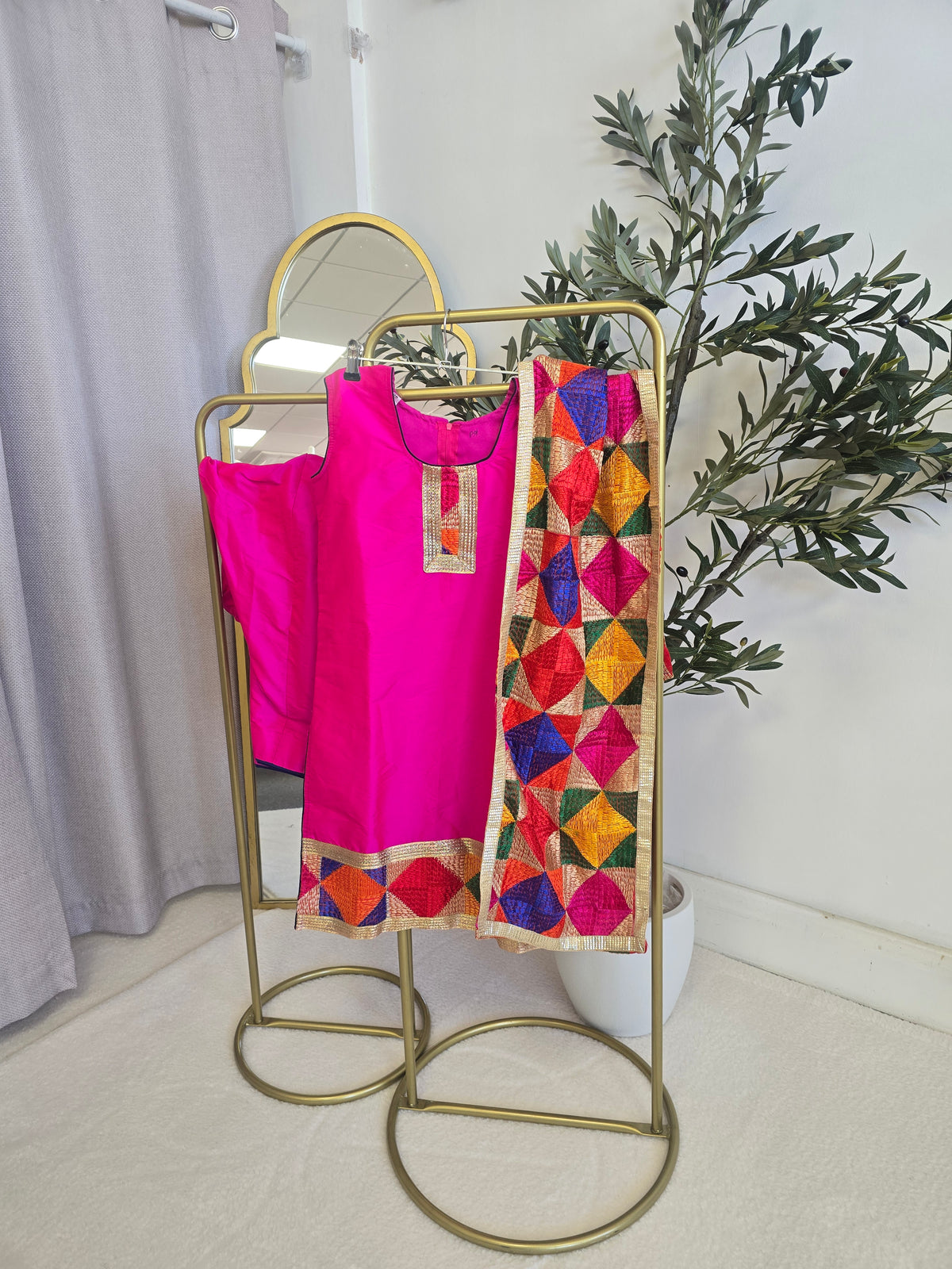 Kids Hot Pink Phulkari Silk Salwar Suit