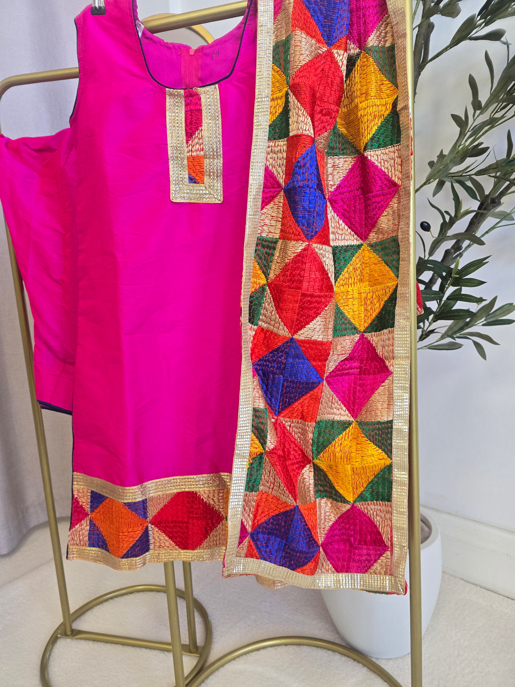 Kids Hot Pink Phulkari Silk Salwar Suit