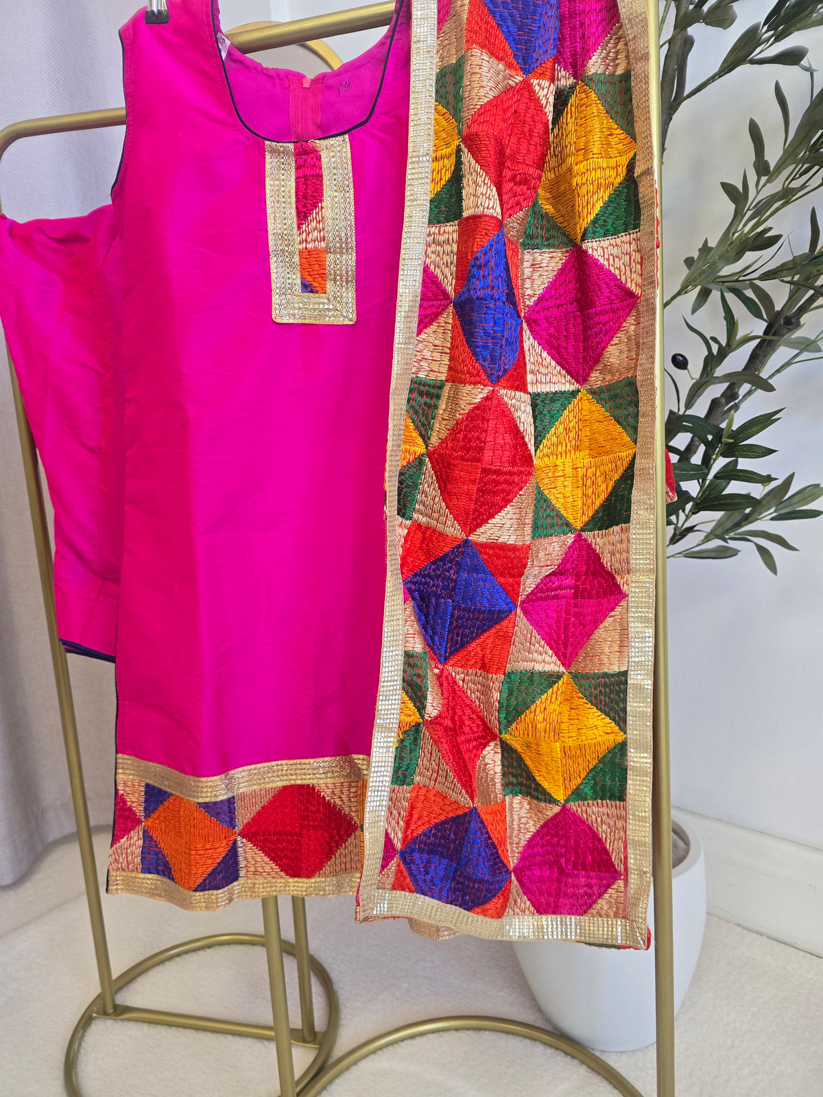 Kids Hot Pink Phulkari Silk Salwar Suit