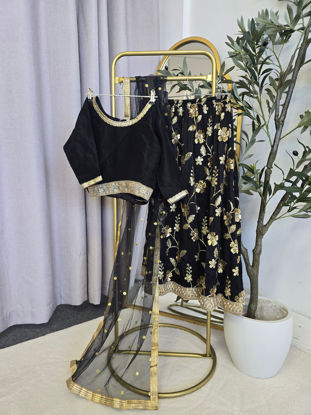 Black & Gold Thread Embroidered  Kids Lehnga