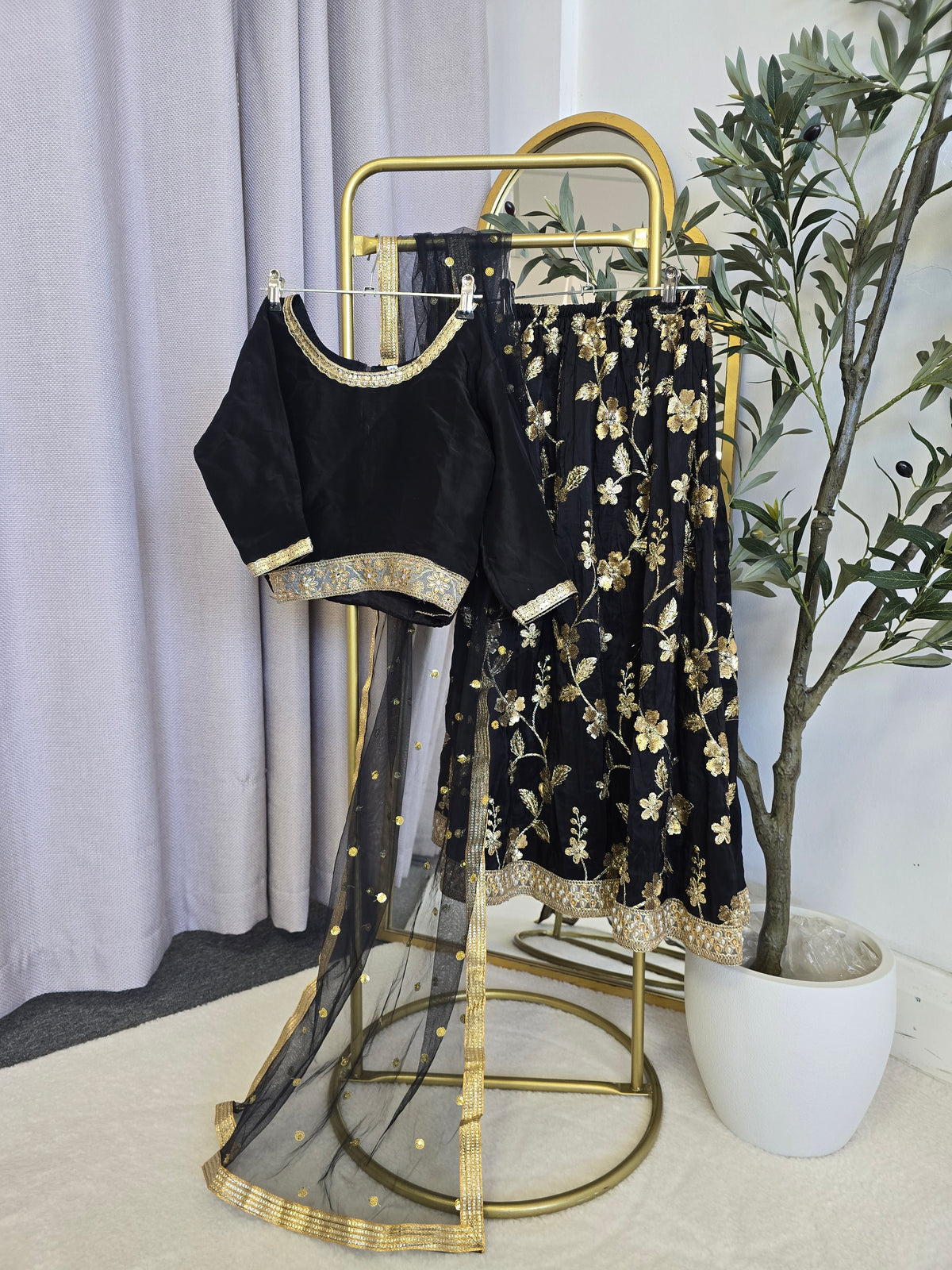 Black & Gold Thread Embroidered  Kids Lehnga