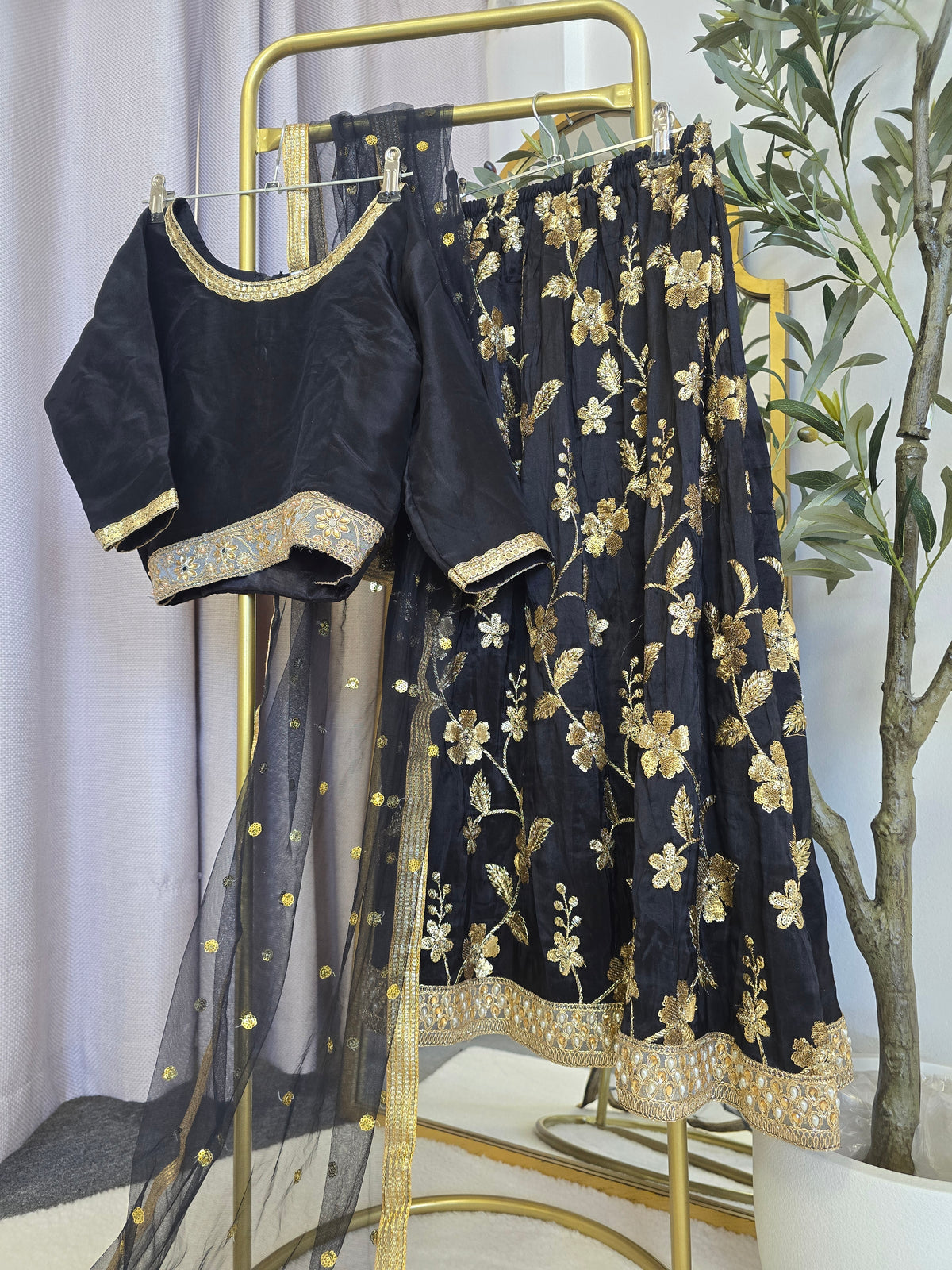 Black & Gold Thread Embroidered  Kids Lehnga