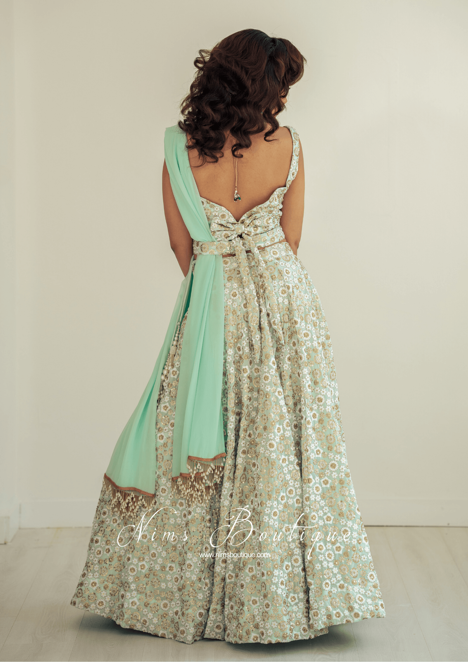 Nims Boutique Luxury Mint & Gold Sequin Bow Lehnga bespoke