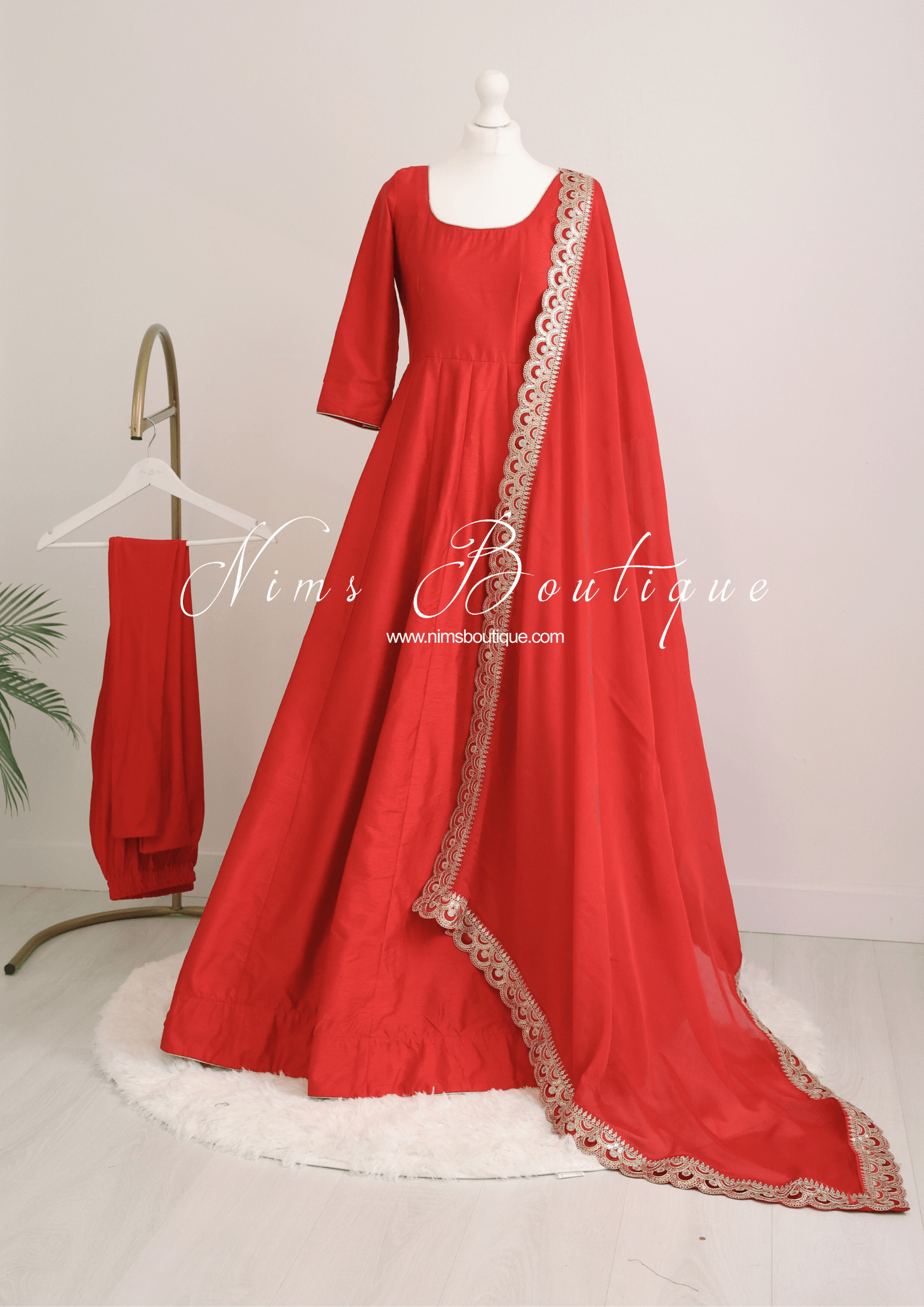 Nims Boutique Saira raw silk red gown with pajami sizes 8-20