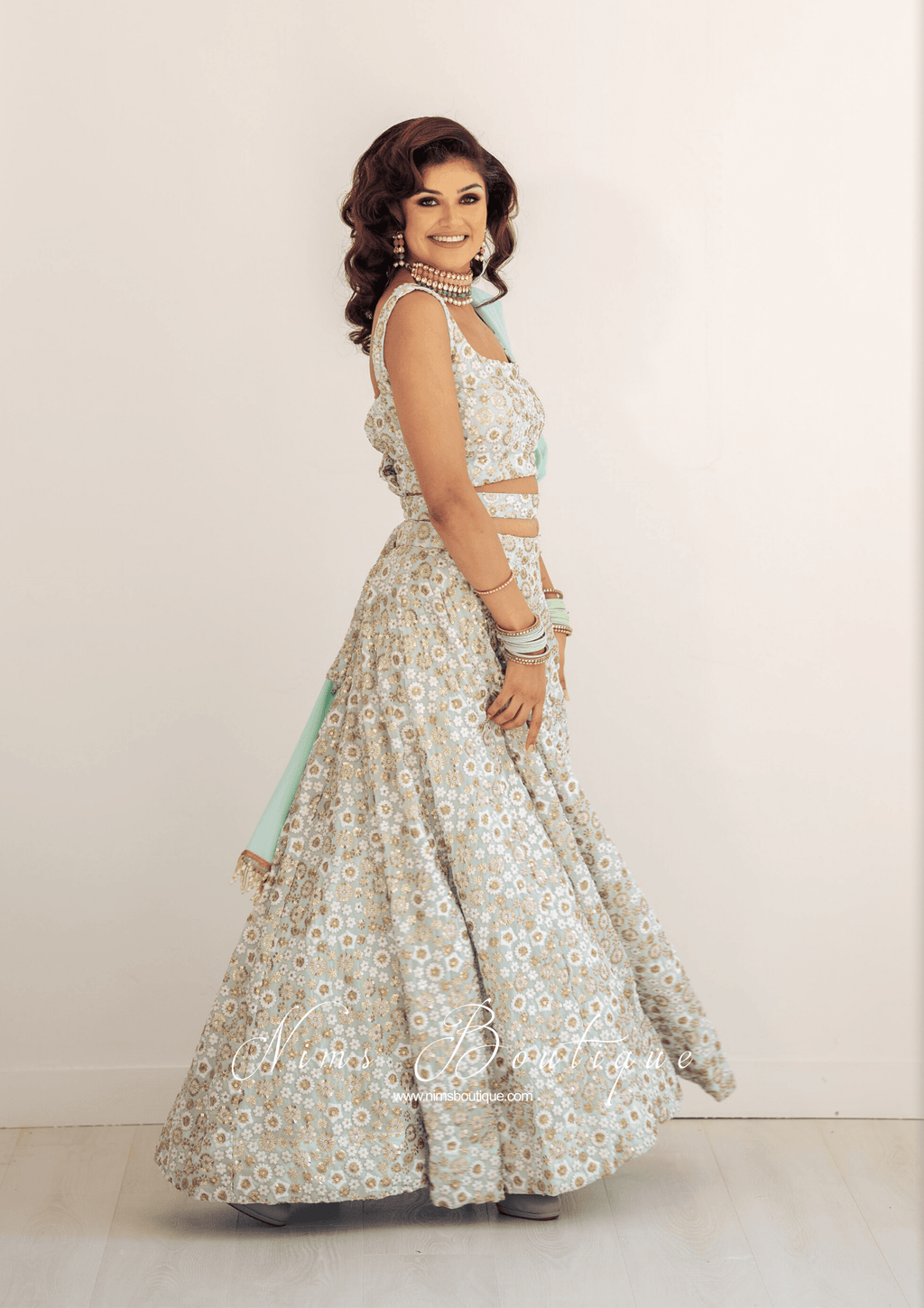 Nims Boutique Luxury Mint & Gold Sequin Bow Lehnga bespoke