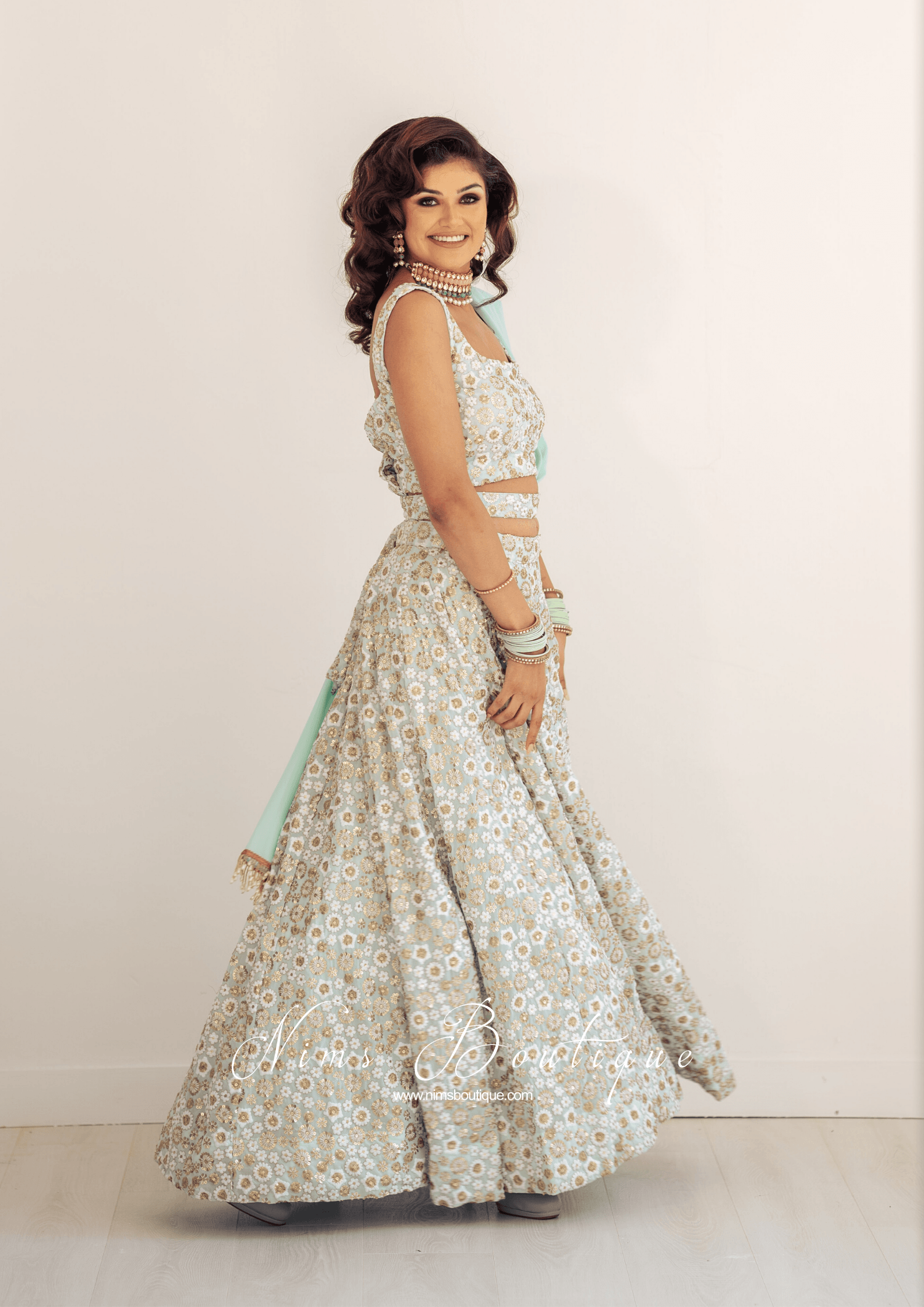 Nims Boutique Luxury Mint & Gold Sequin Bow Lehnga bespoke