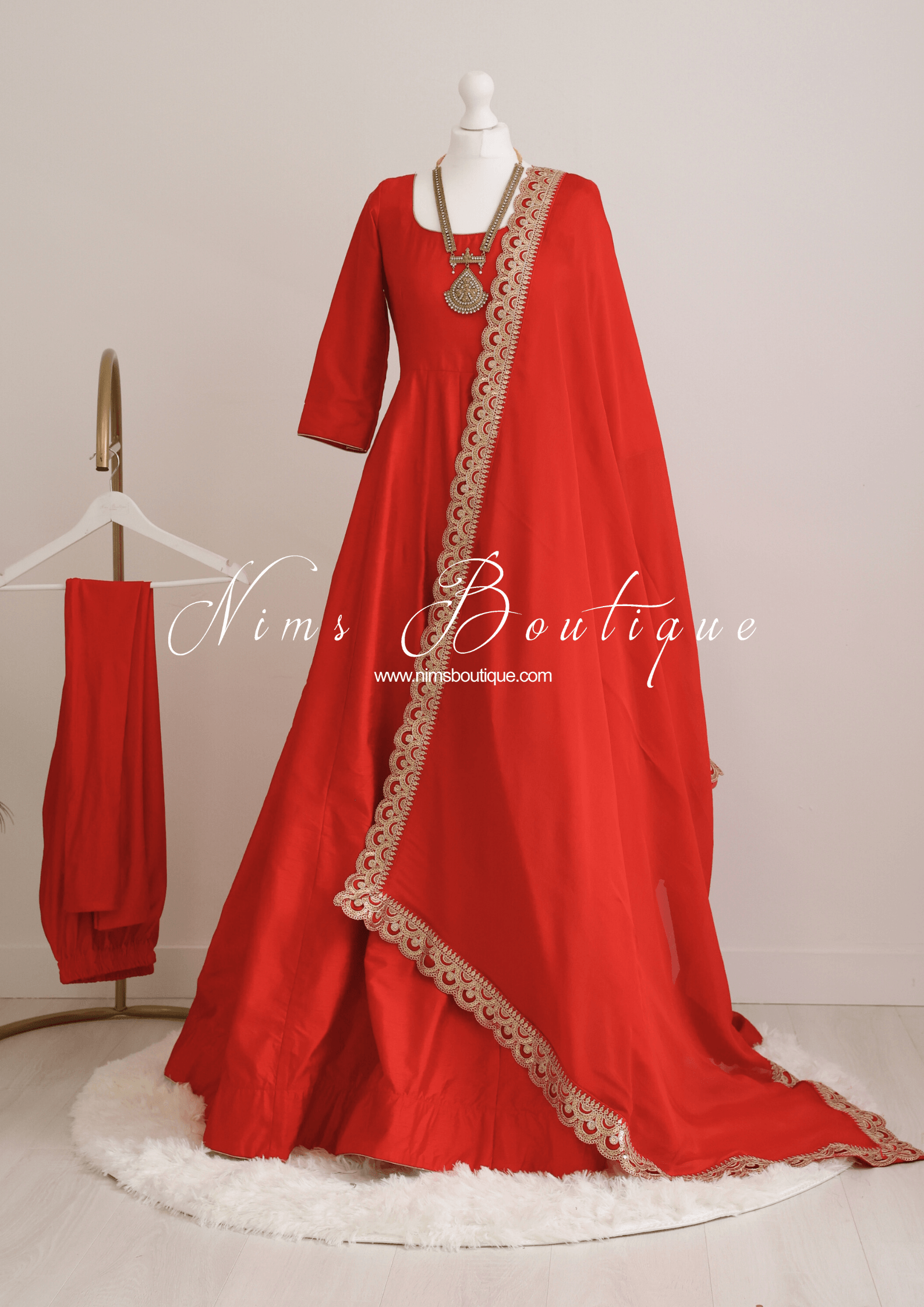 Nims Boutique Saira raw silk red gown with pajami sizes 8-20