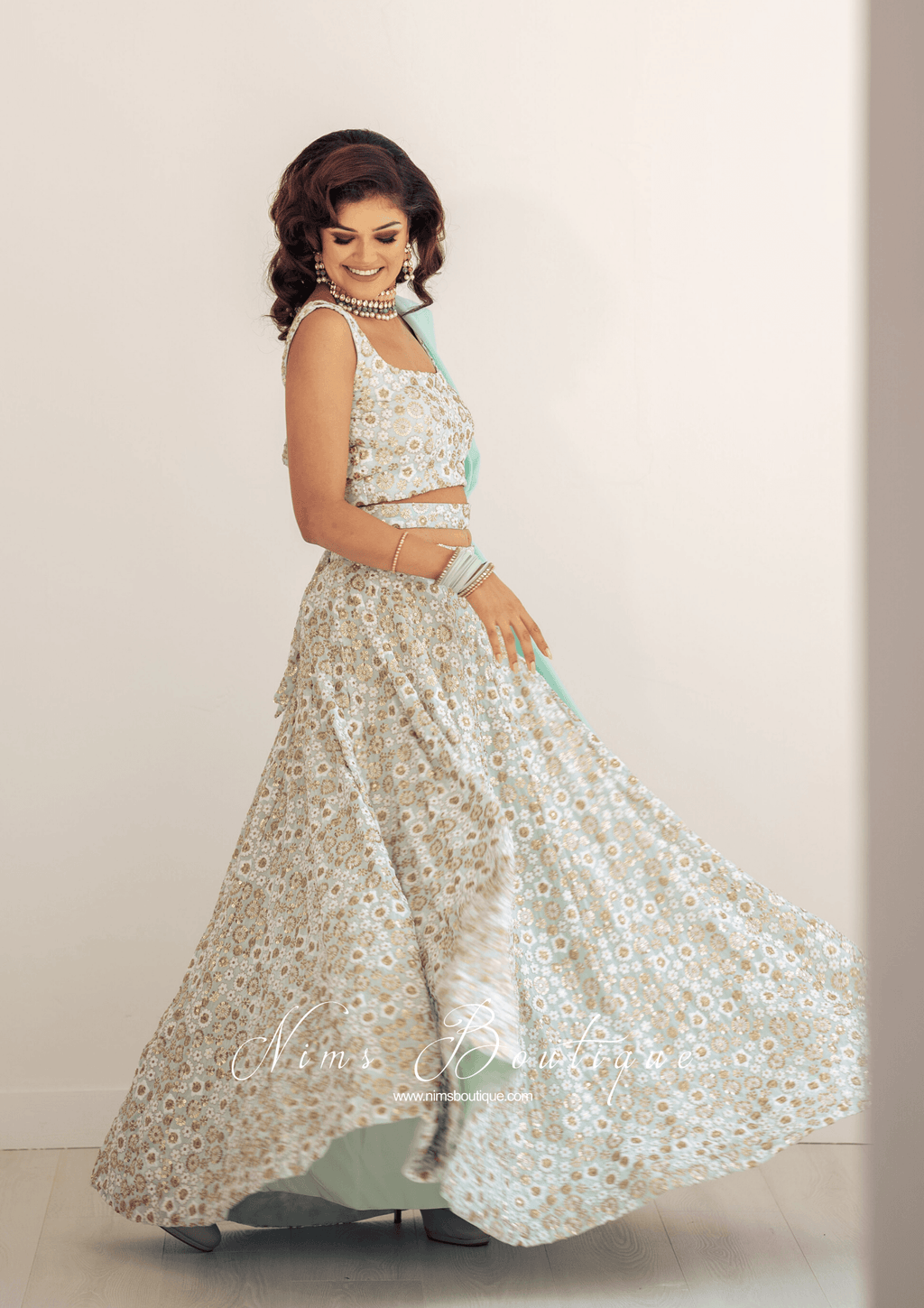Nims Boutique Luxury Mint & Gold Sequin Bow Lehnga bespoke