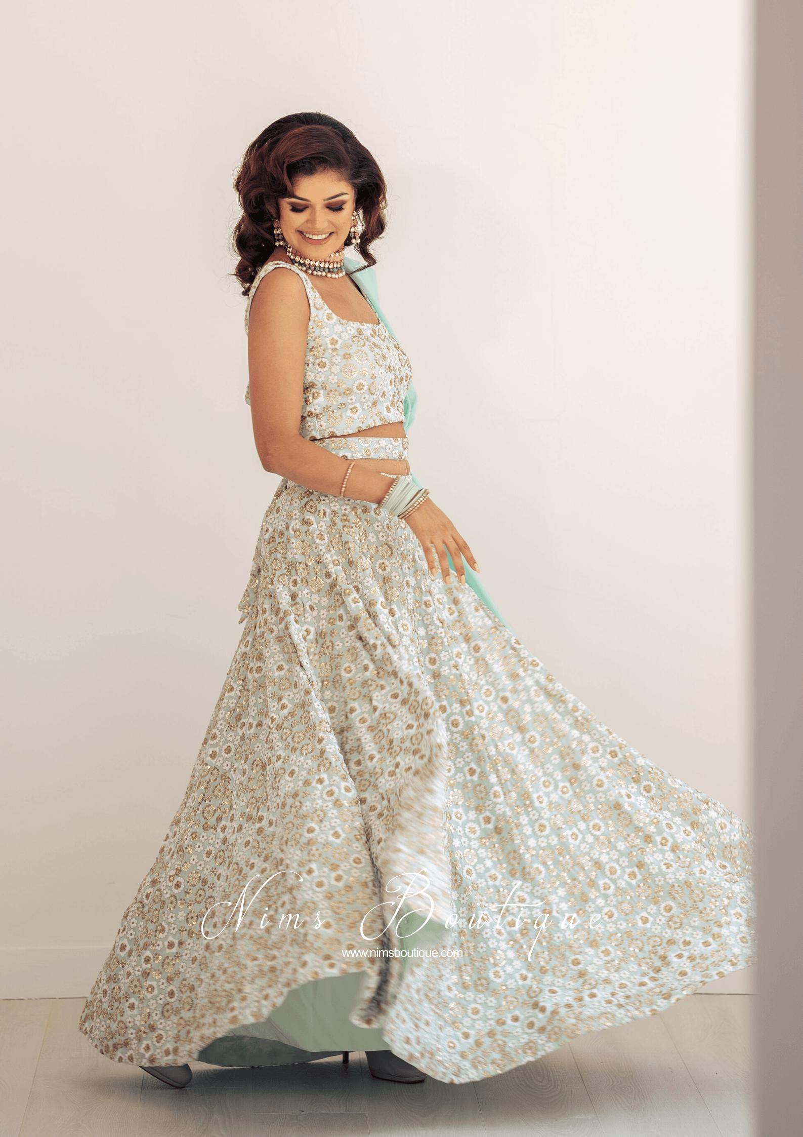 Nims Boutique Luxury Mint & Gold Sequin Bow Lehnga bespoke