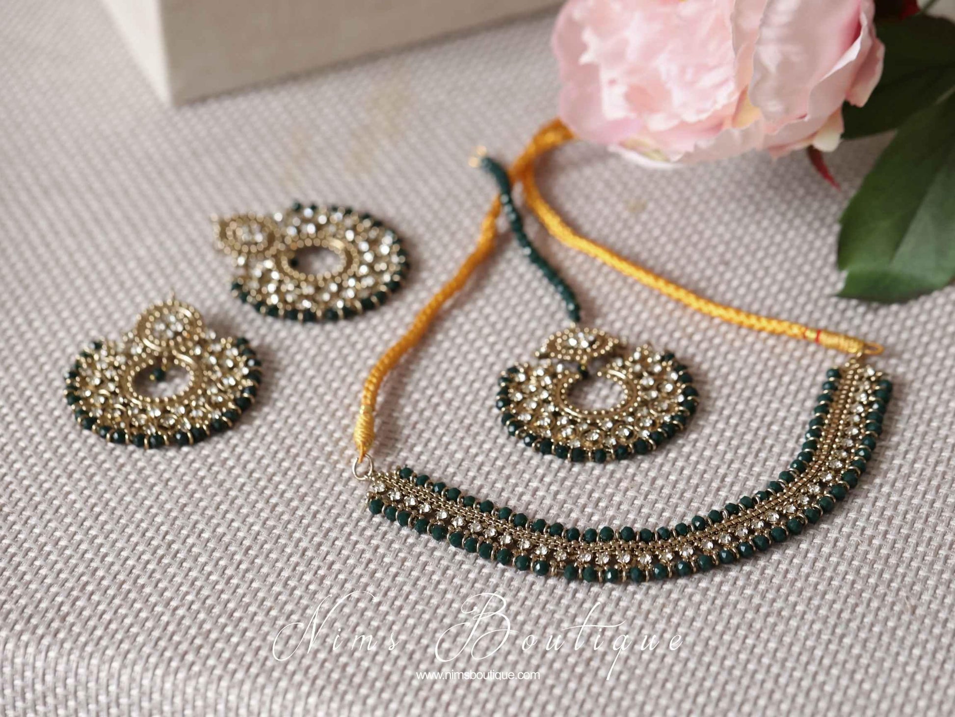 Nims Boutique Royal Antique Gold & Dark Teal Green Chand Tikka Set
