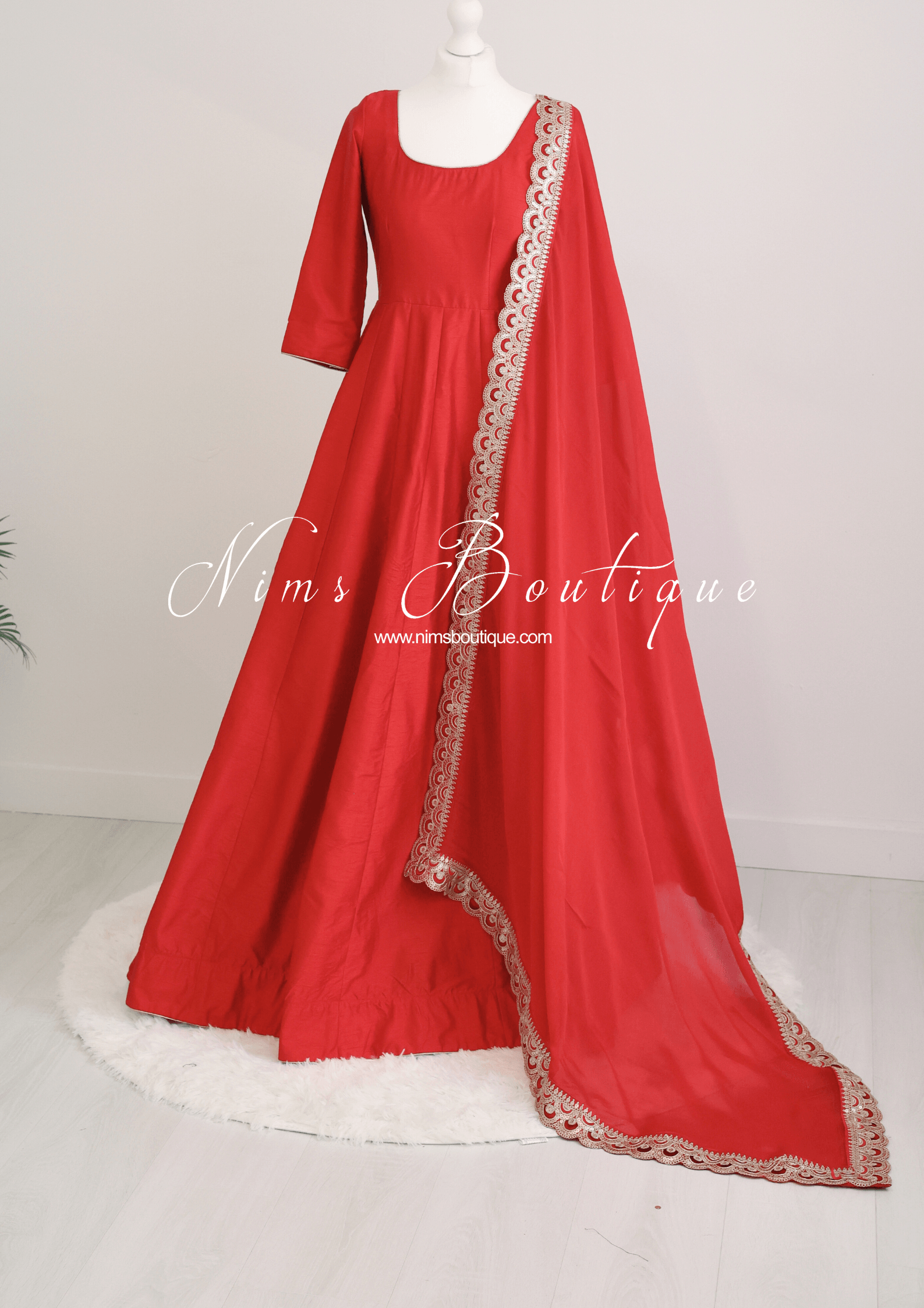 Nims Boutique Saira raw silk red gown with pajami sizes 8-20