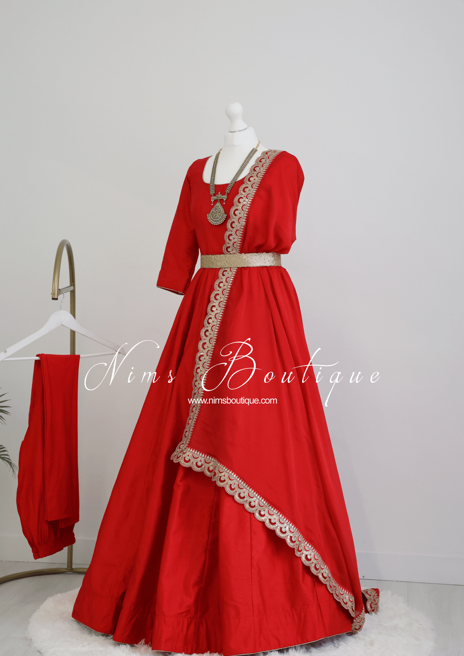Nims Boutique Saira raw silk red gown with pajami sizes 8-20