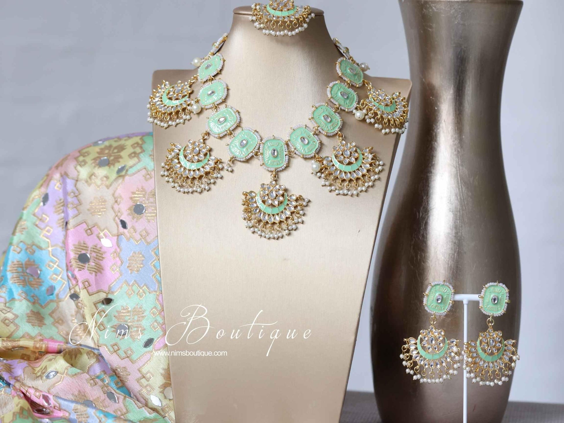 Nims Boutique Mishka Mint Green Blossom Meenakari Set