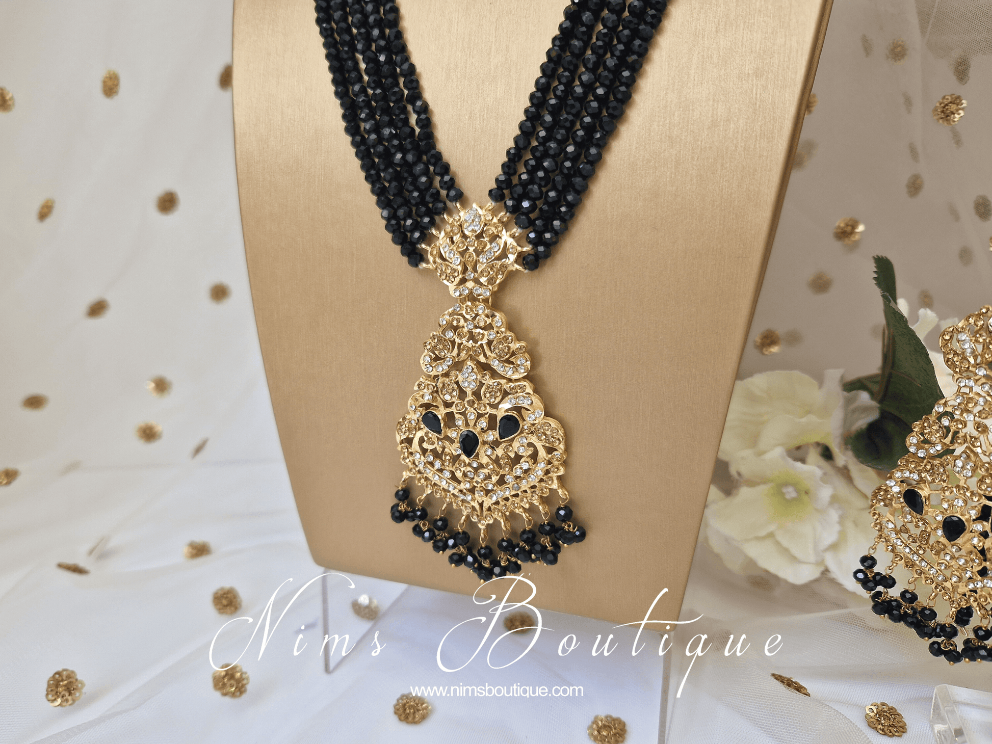Nims Boutique Neena Black & Gold Long Necklace Set
