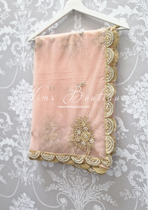 Nims Boutique Pastel Peach Net Pearl Embellished Dupatta/Chunni with Luxury Pearl Edging