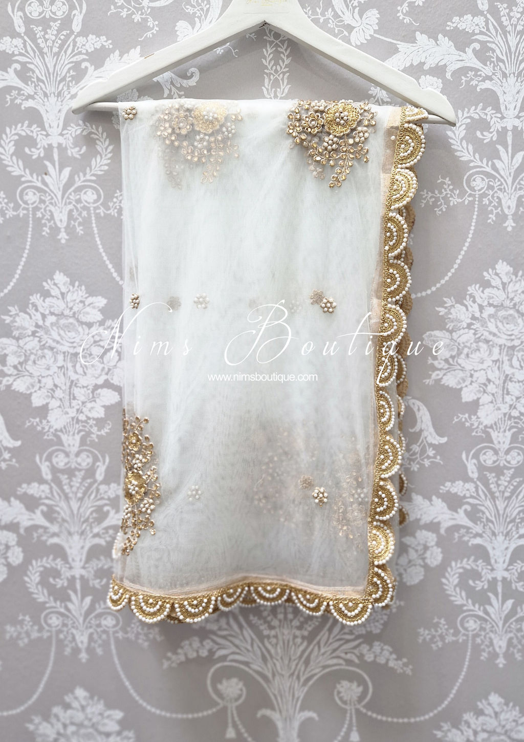 Nims Boutique White Net Pearl Embellished Dupatta/Chunni with Luxury Pearl Edging NPE2