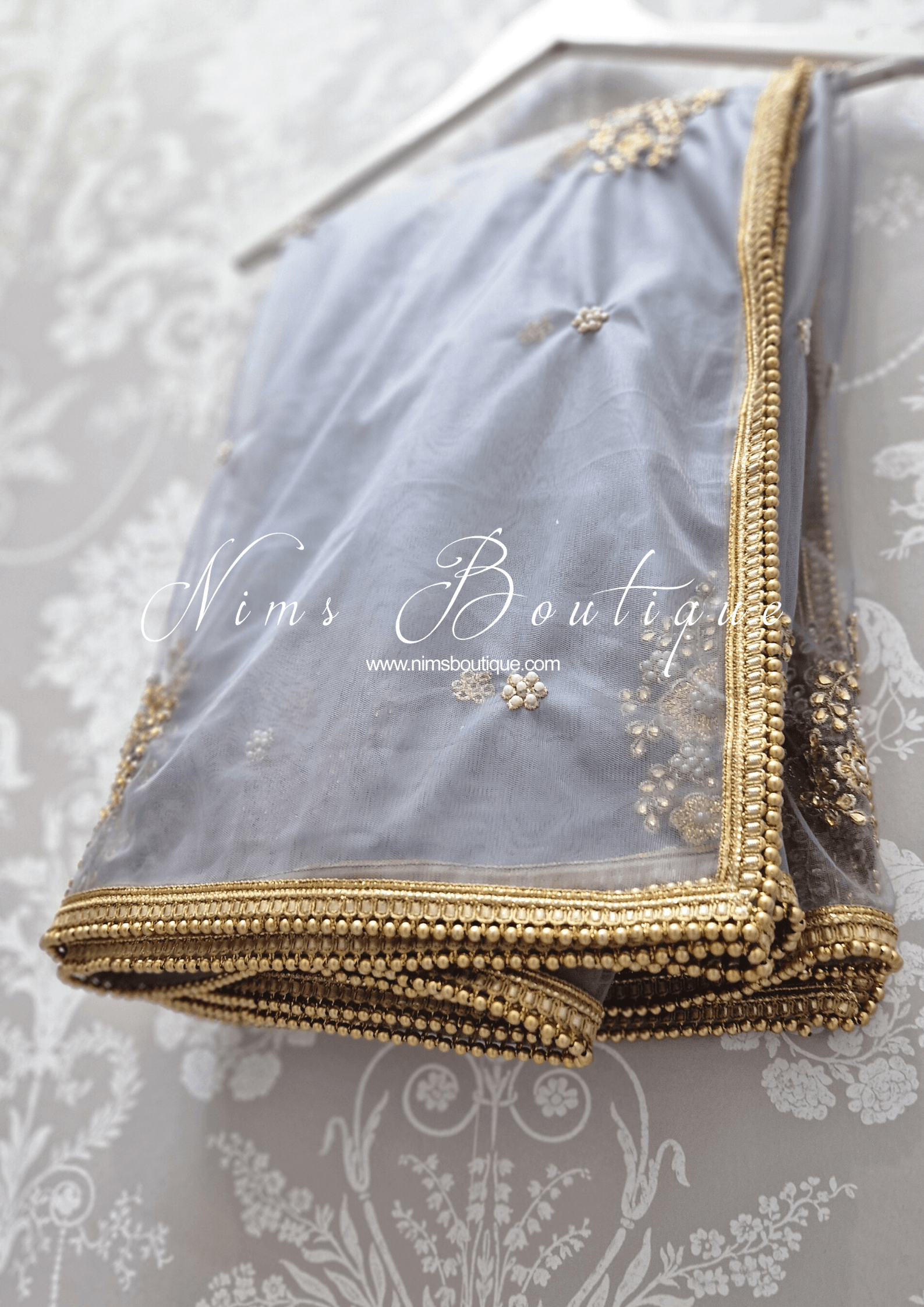 Nims Boutique Grey Net Pearl Embellished Dupatta/Chunni with Gold Bead Edging GB1