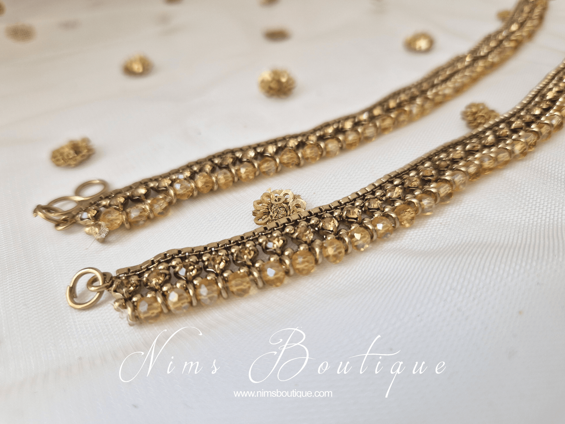 Nims Boutique Pair of Royal Antique Gold & Gold Stone Anklets