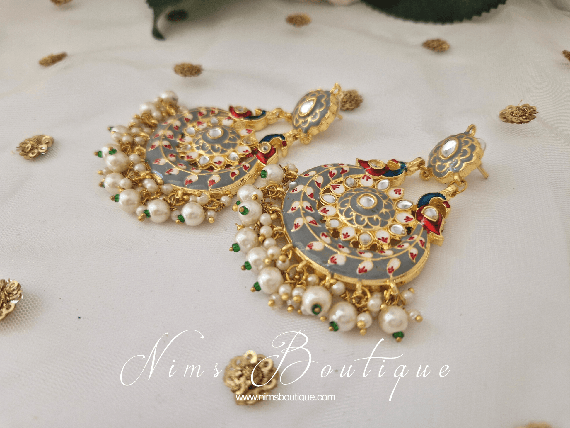 Nims Boutique Moorni Grey Meenakari Peacock Earrings