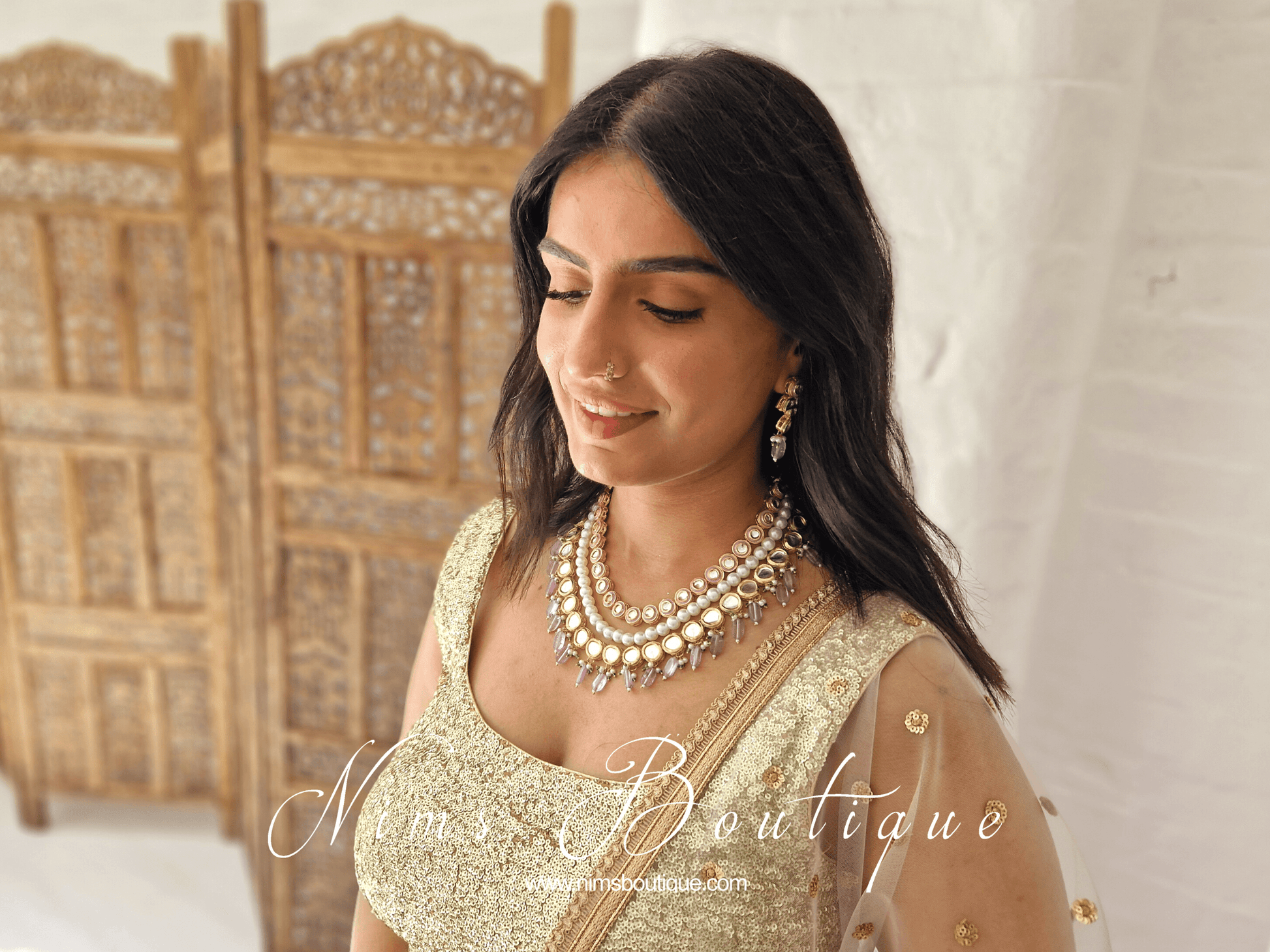 Nims Boutique Myra Blossom Kundan Deep Lilac & Pink Haar Set
