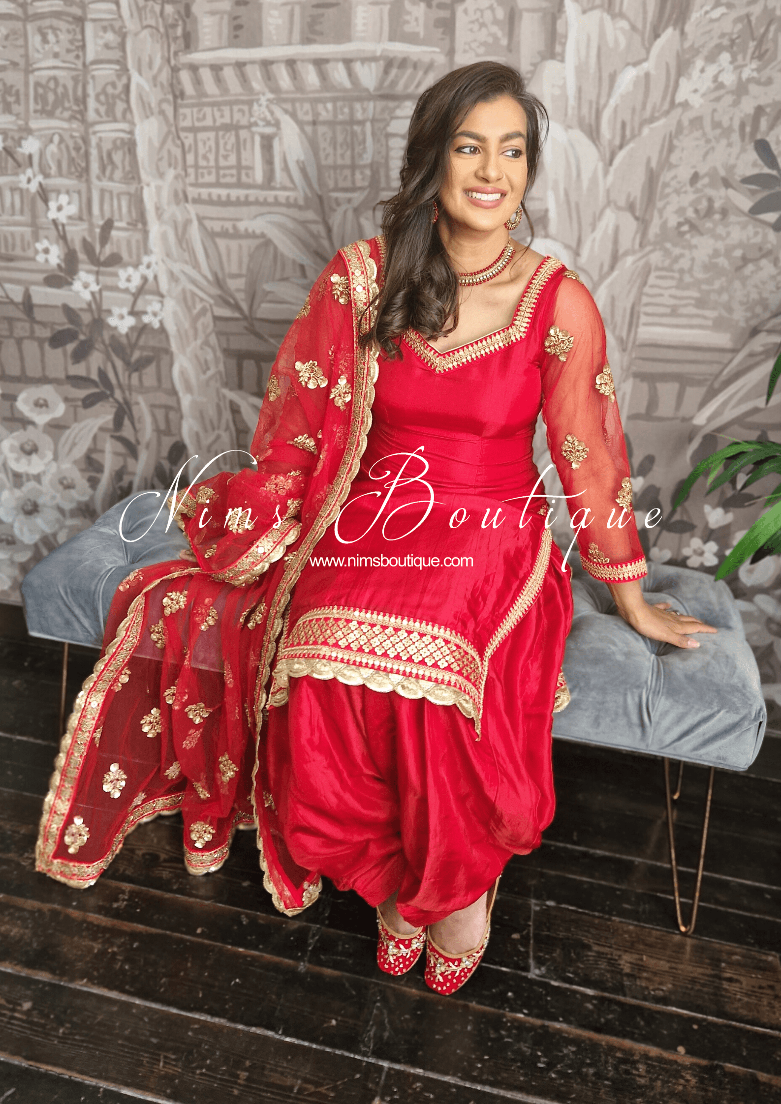 Nims Boutique The NB Classic Long Sleeved Red Silk Salwar Suit sizes 4-18