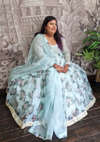 Luxury Light Blue Floral Long Sleeve Lehnga (size 22)