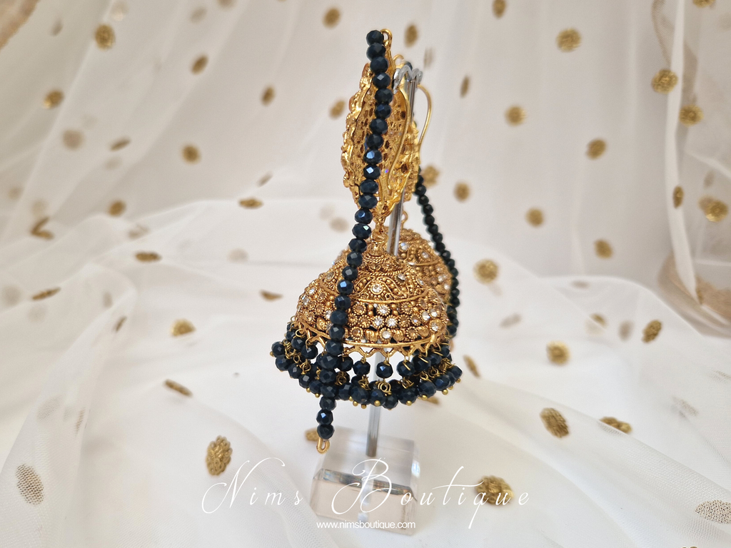 Nims Boutique Anjali Navy Chumke with earring chains & navy stone