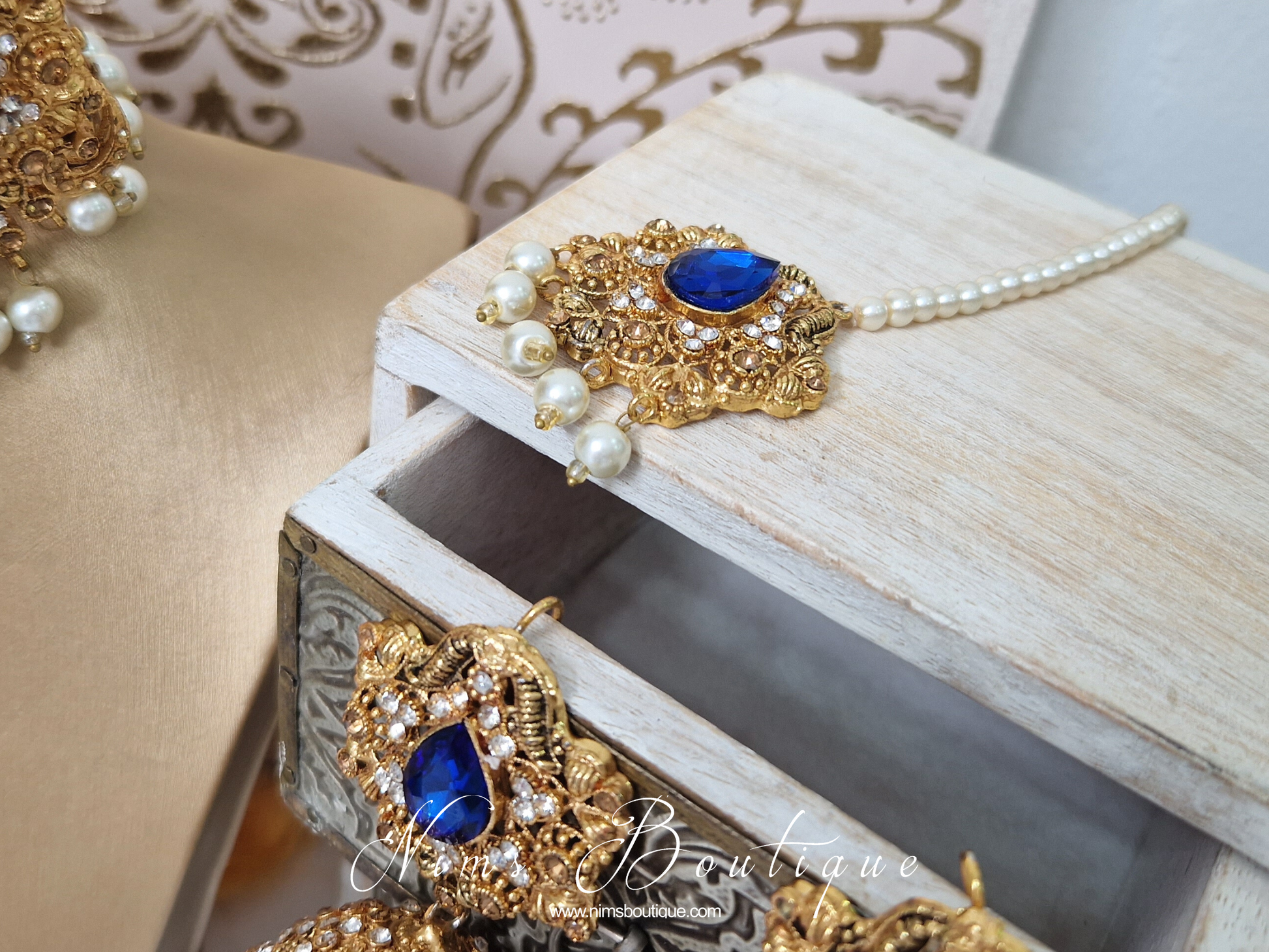 Nims Boutique Royal Blue Stone & Pearl Maharani Choker Set