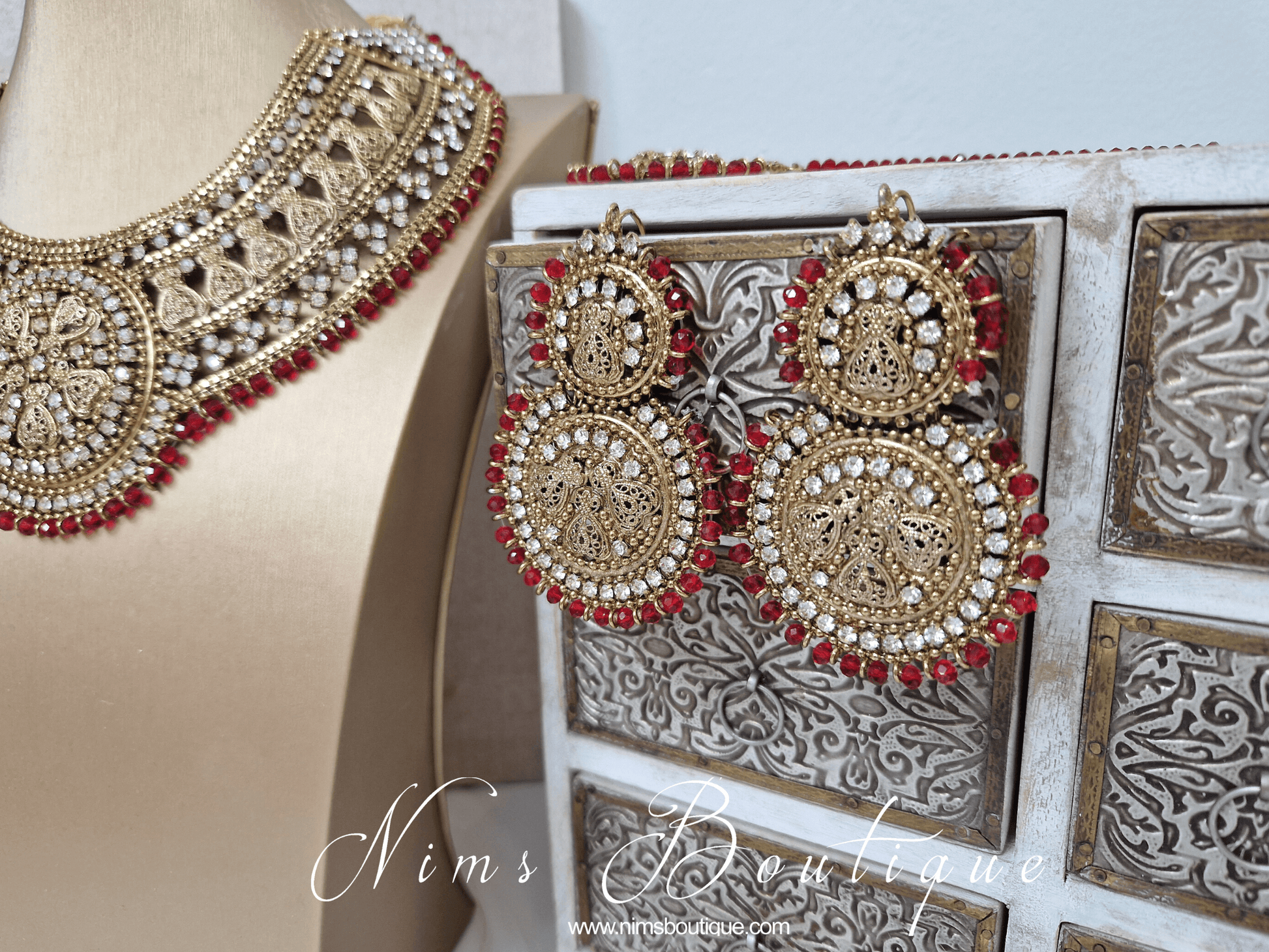 Nims Boutique Madhubala Antique Gold & Red Bridal Set