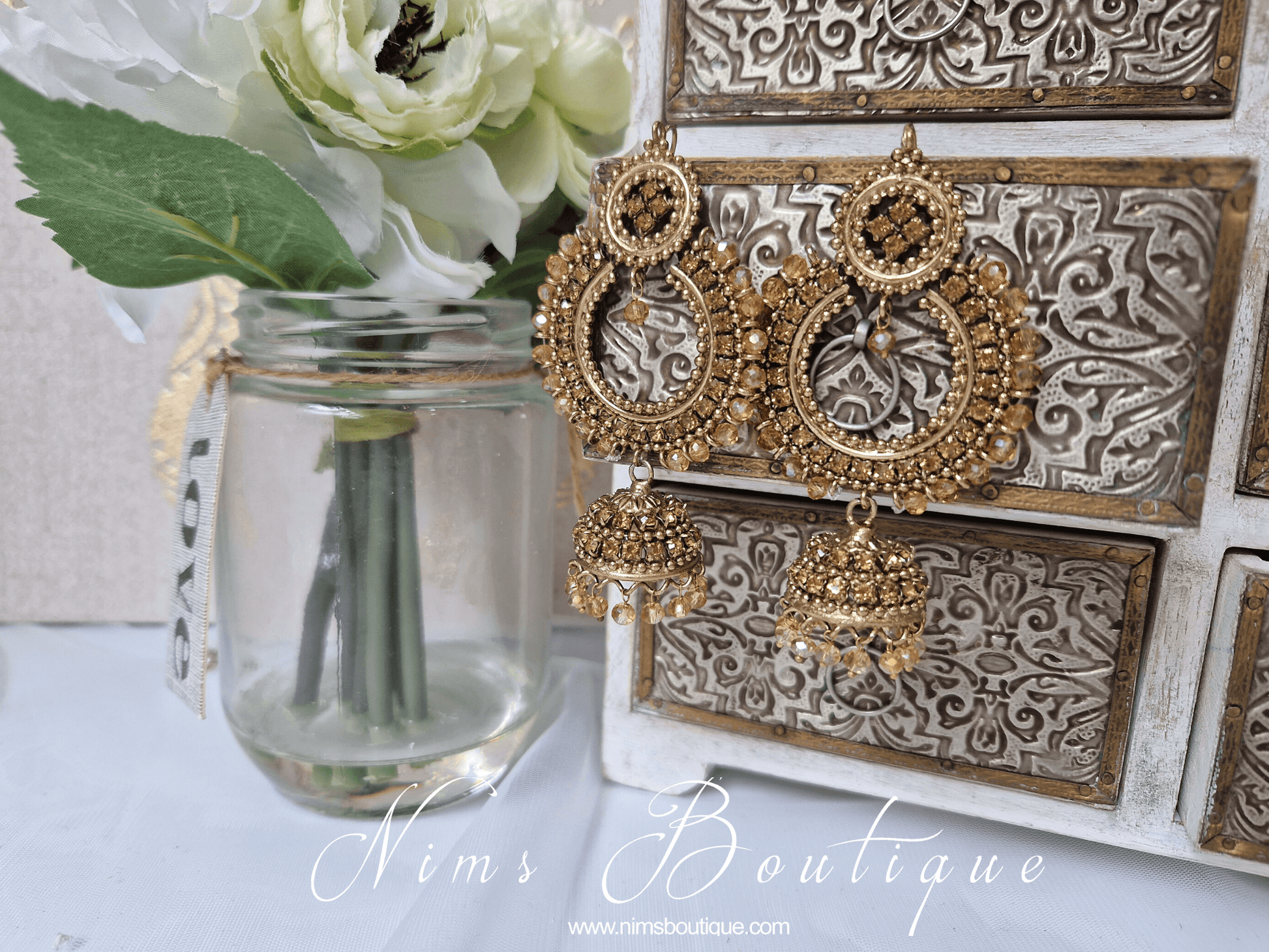 Nims Boutique Nish Antique Gold & Gold Stone Chumka Earrings